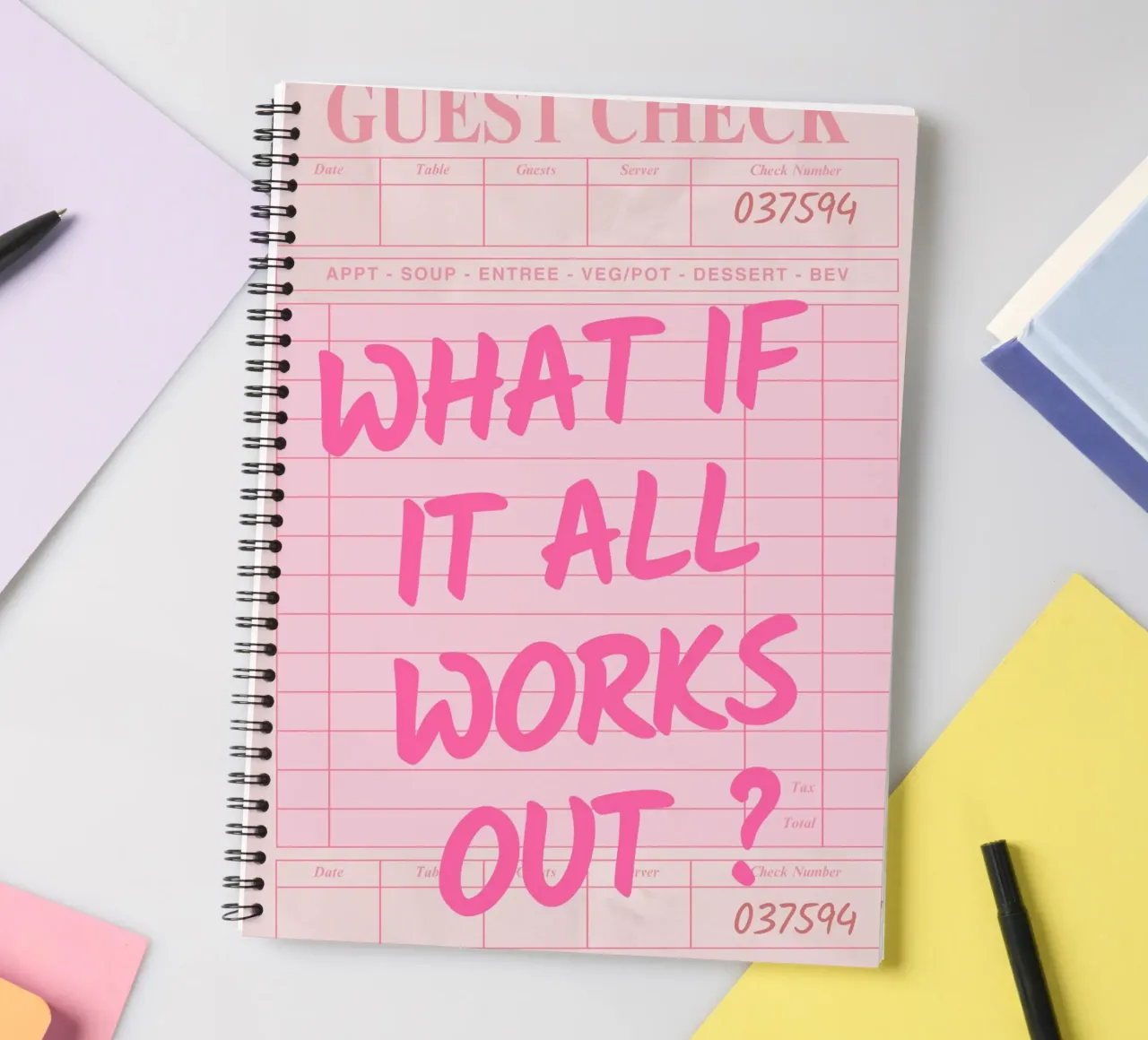 Guest Check,What If It All Works Out, Trendy Typography spiral notebook by pdigitalprints