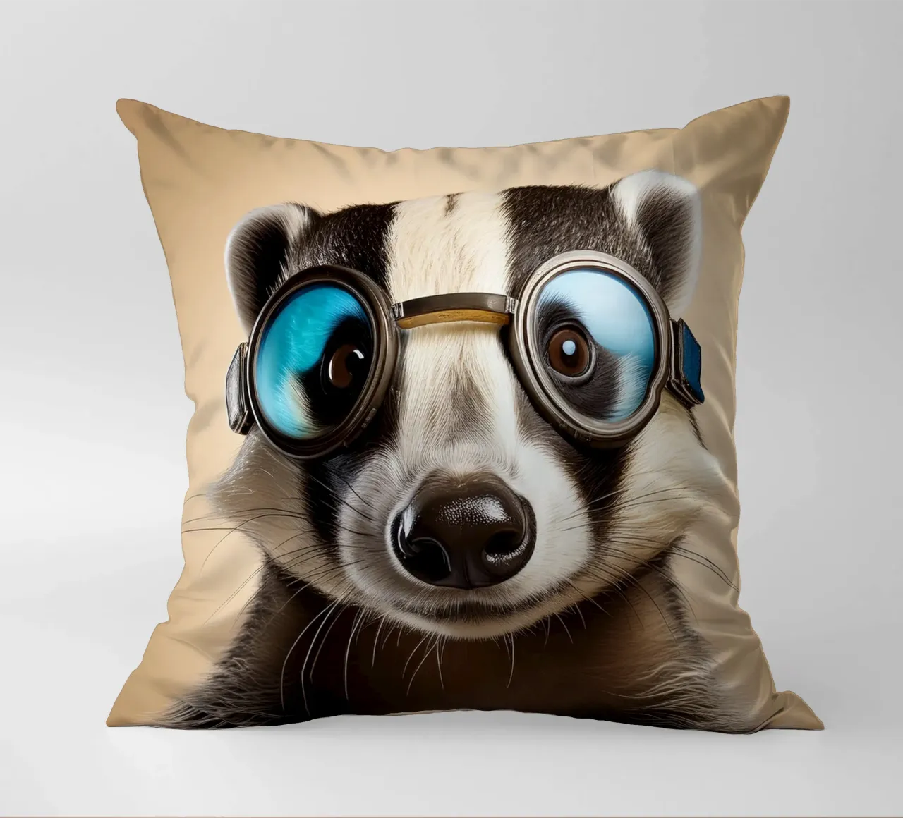 Adventurous Badger in Goggles | Fun Animal Art Print decorative cushion by FlexiDesignsByK