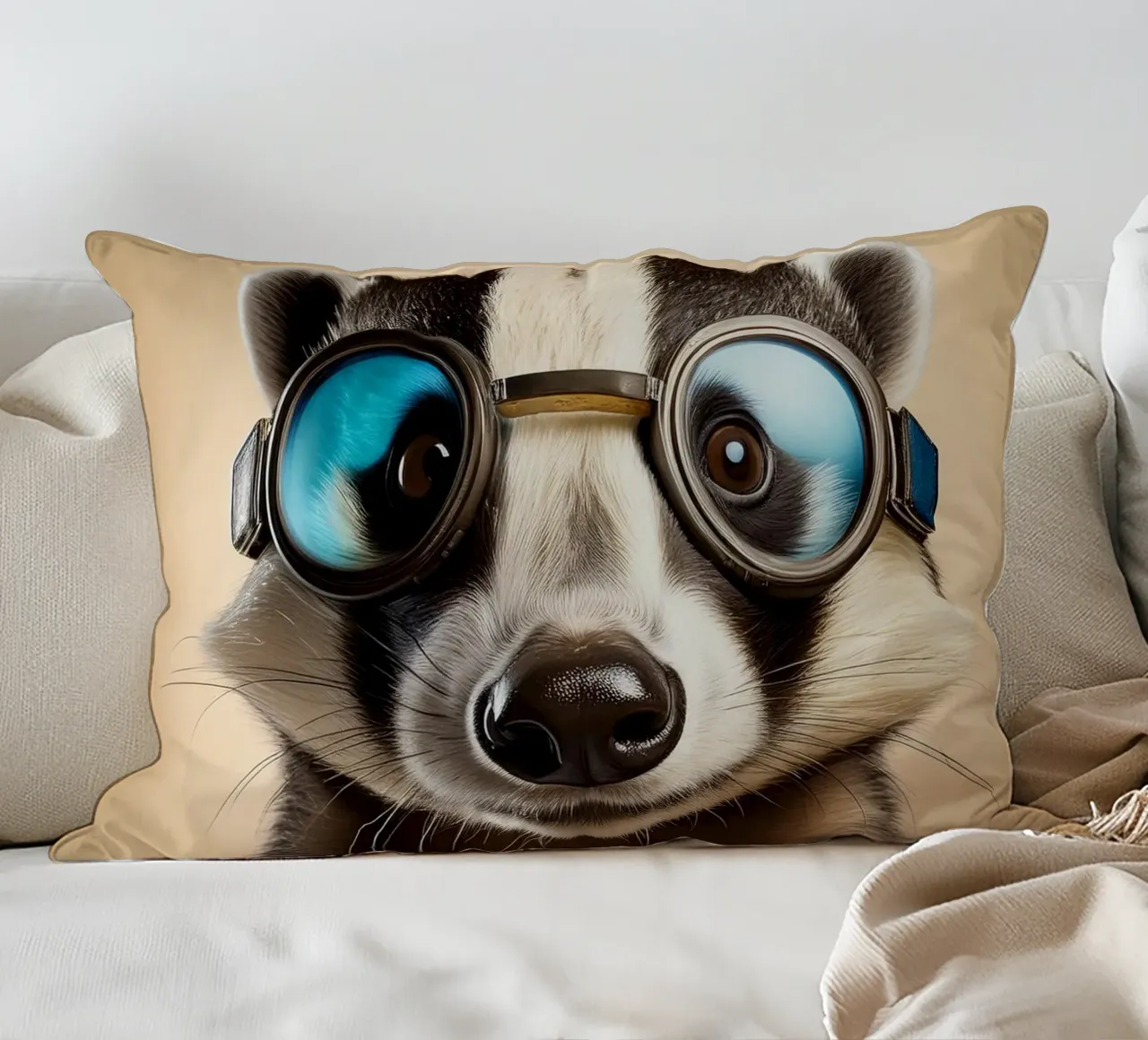 Adventurous Badger in Goggles | Fun Animal Art Print decorative cushion by FlexiDesignsByK