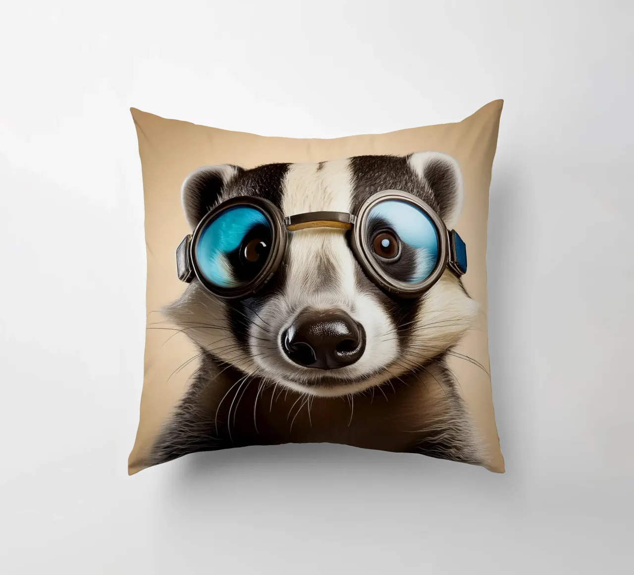 Adventurous Badger in Goggles | Fun Animal Art Print decorative cushion by FlexiDesignsByK