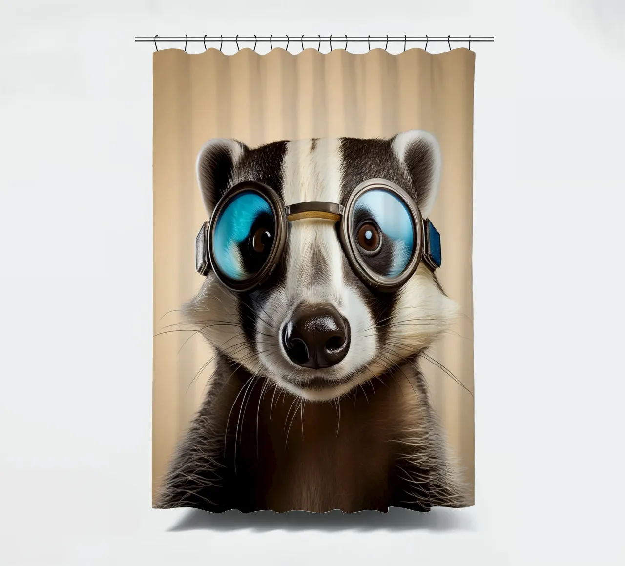 Adventurous Badger in Goggles | Fun Animal Art Print shower curtain by FlexiDesignsByK