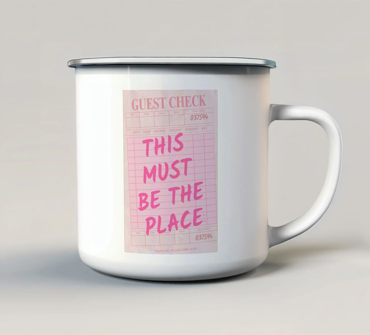 Questo deve essere il posto in cui gli ospiti controllano la stampa, tazza in smalto da pdigitalprints