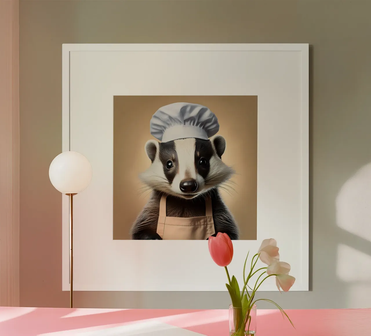 Charmanter Dachs Chef Kunstdruck | Skurrile Tier Dekor Poster mit Aluminium Rahmen von FlexiDesignsByK