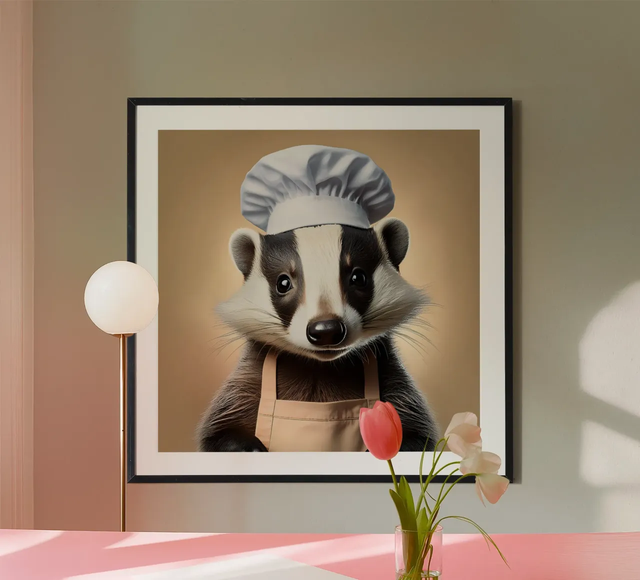 Charmanter Dachs Chef Kunstdruck | Skurrile Tier Dekor Poster mit Aluminium Rahmen von FlexiDesignsByK