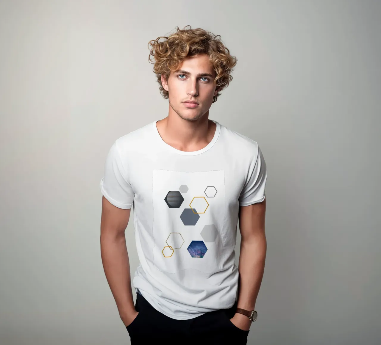 Hexagonal shapes and planet t-shirt by LisaArtes