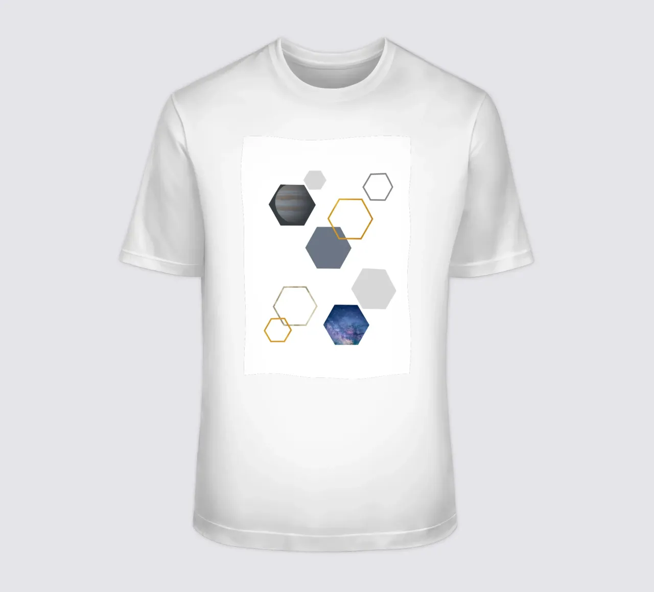 Hexagonal shapes and planet t-shirt by LisaArtes