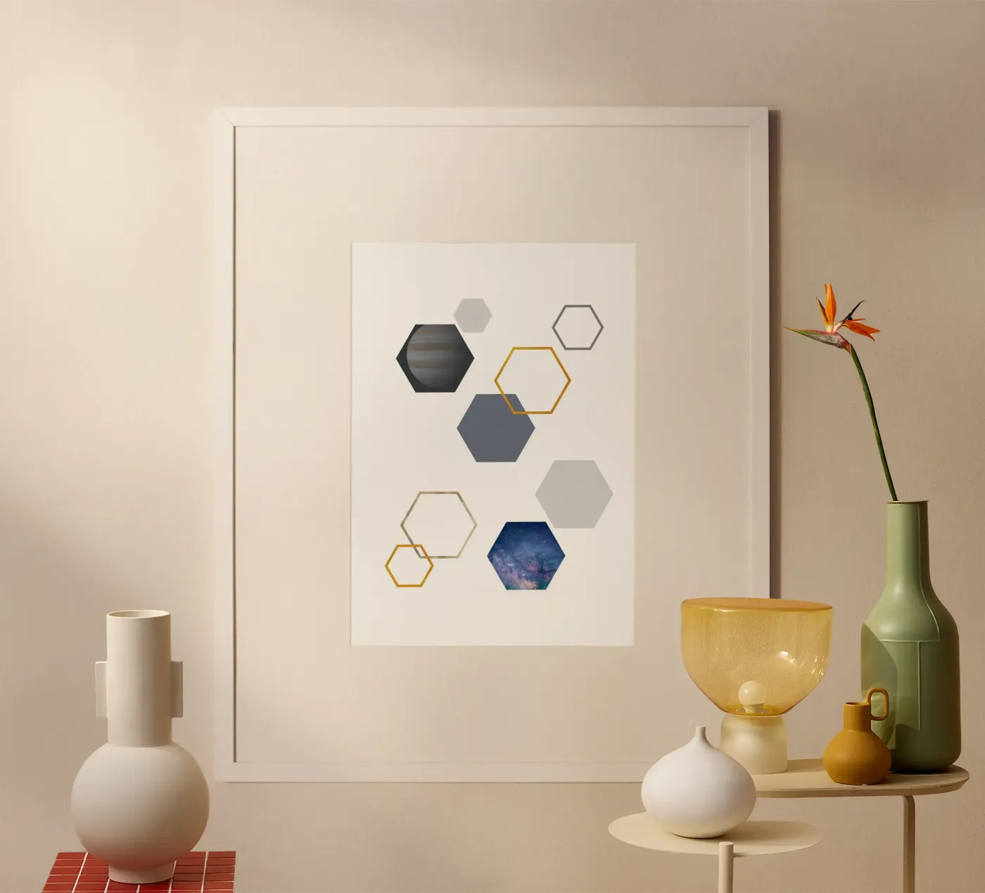 Hexagonal shapes and planet poster by LisaArtes