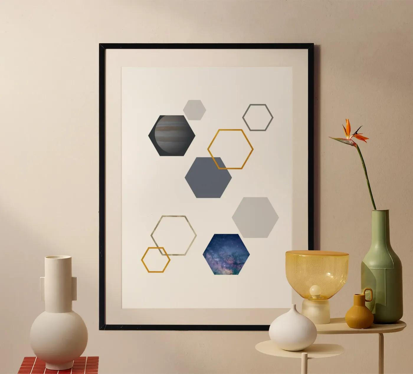 Hexagonal shapes and planet poster by LisaArtes