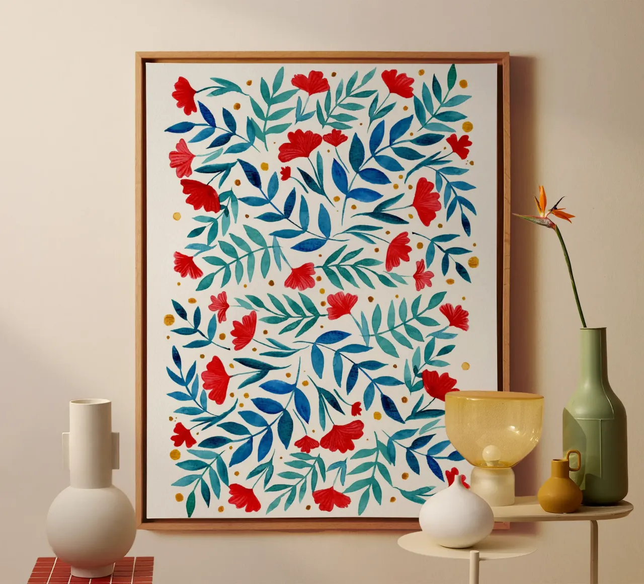 Magici fiori acquerellati - rosso e turchese tela con Cornice a cassetta da Wackapacka