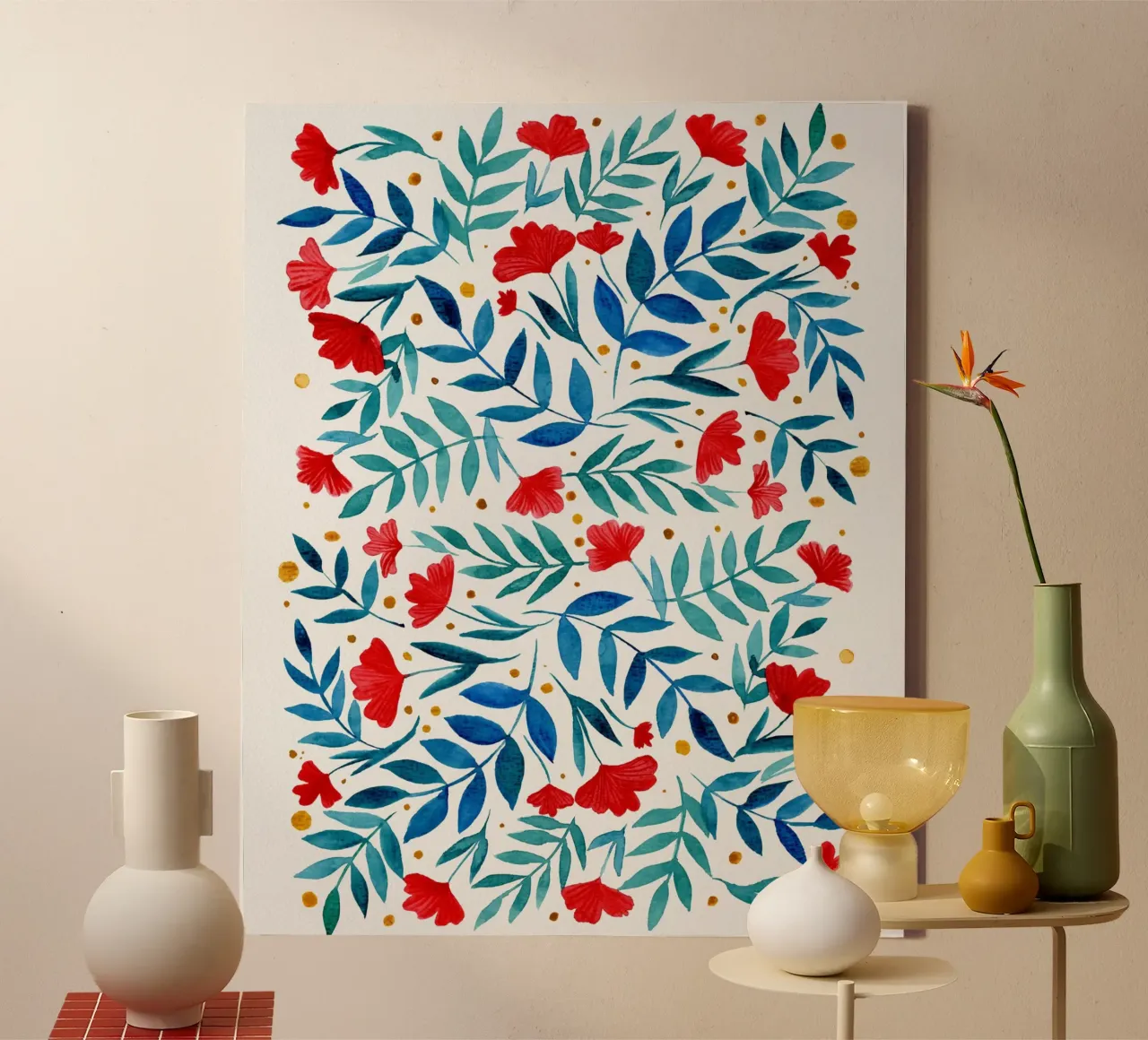 Magici fiori acquerellati - rosso e turchese tela con Cornice a cassetta da Wackapacka