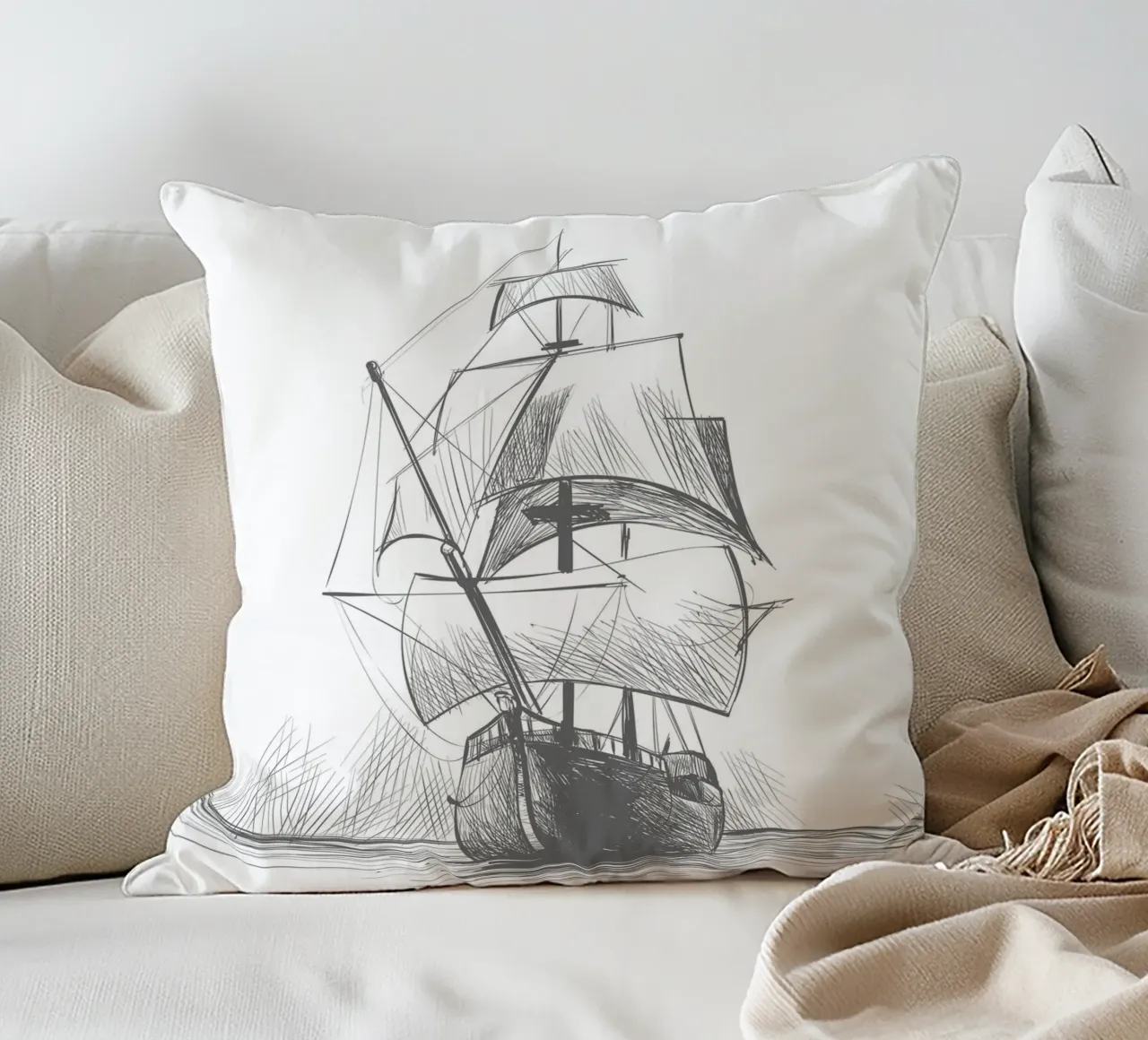 Sailing ship decorative cushion by Urban Art Draw