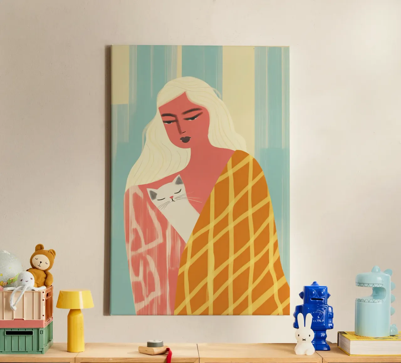 Woman with cat | pastel colours and patterns canvas with Floater frame by Autofocus