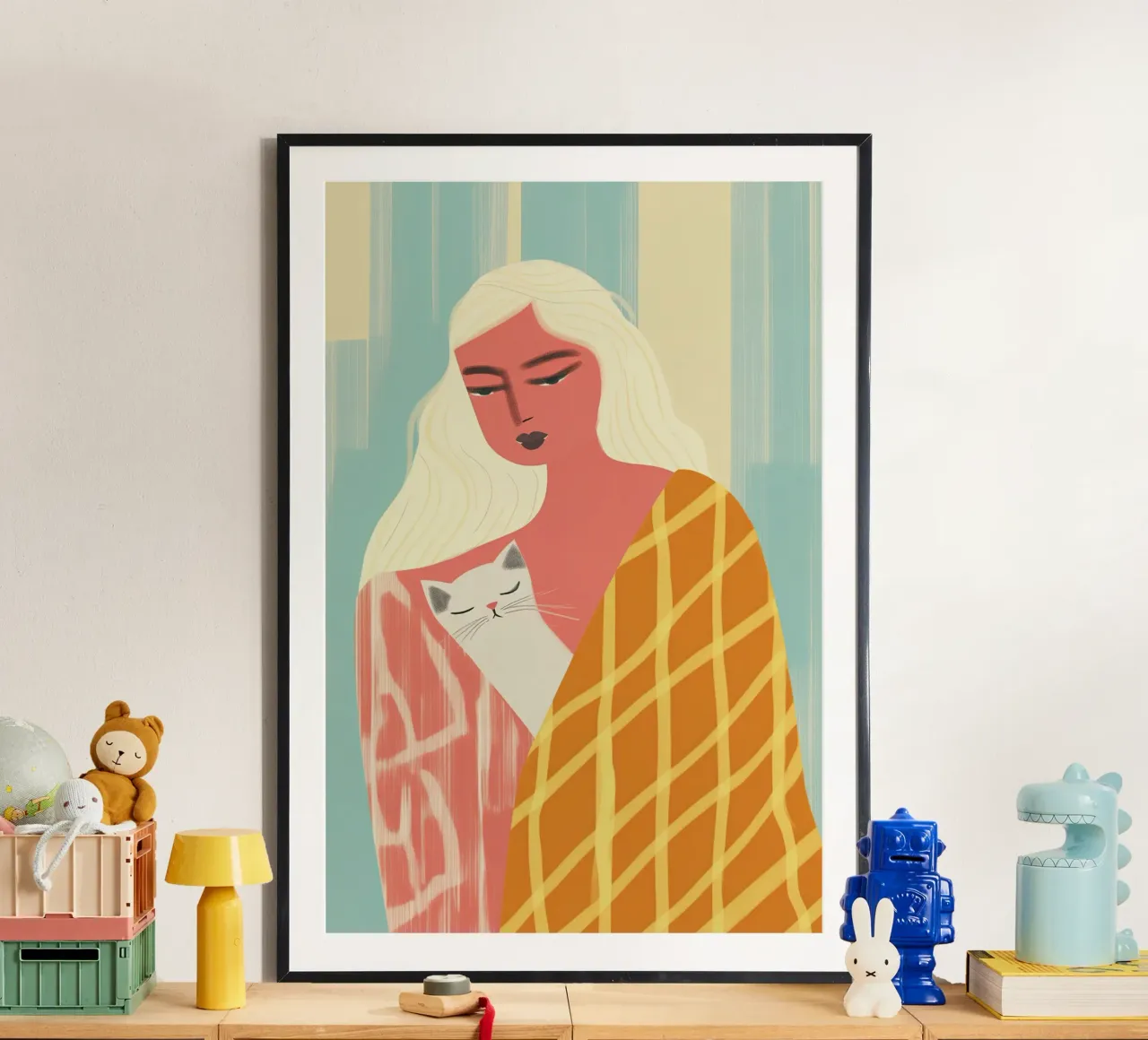 Woman with cat | pastel colours and patterns poster by Autofocus