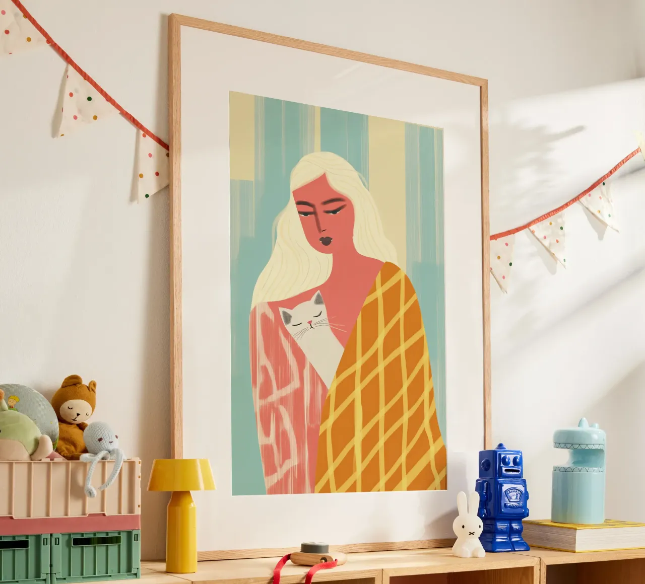 Woman with cat | pastel colours and patterns poster by Autofocus