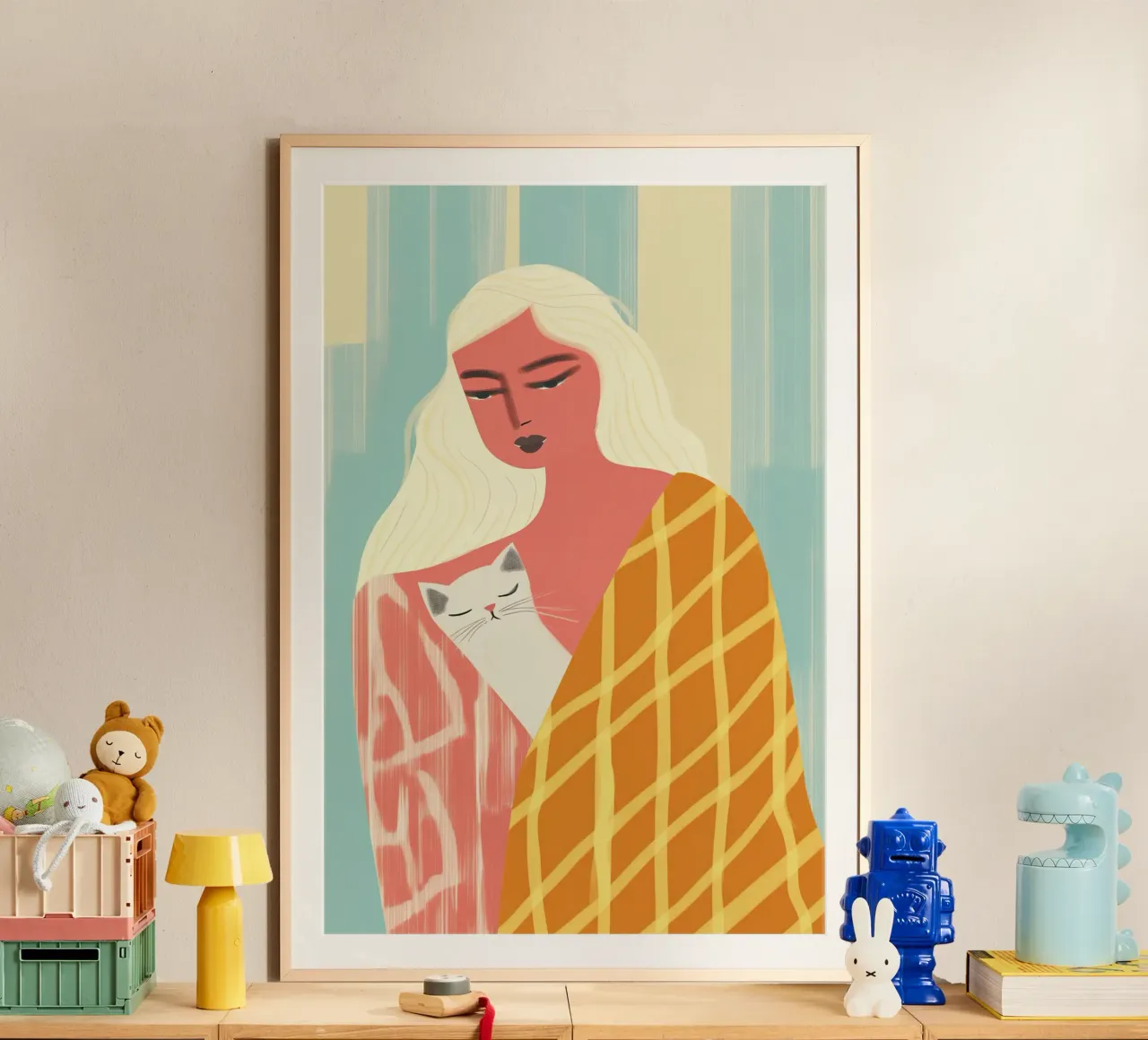 Woman with cat | pastel colours and patterns poster by Autofocus