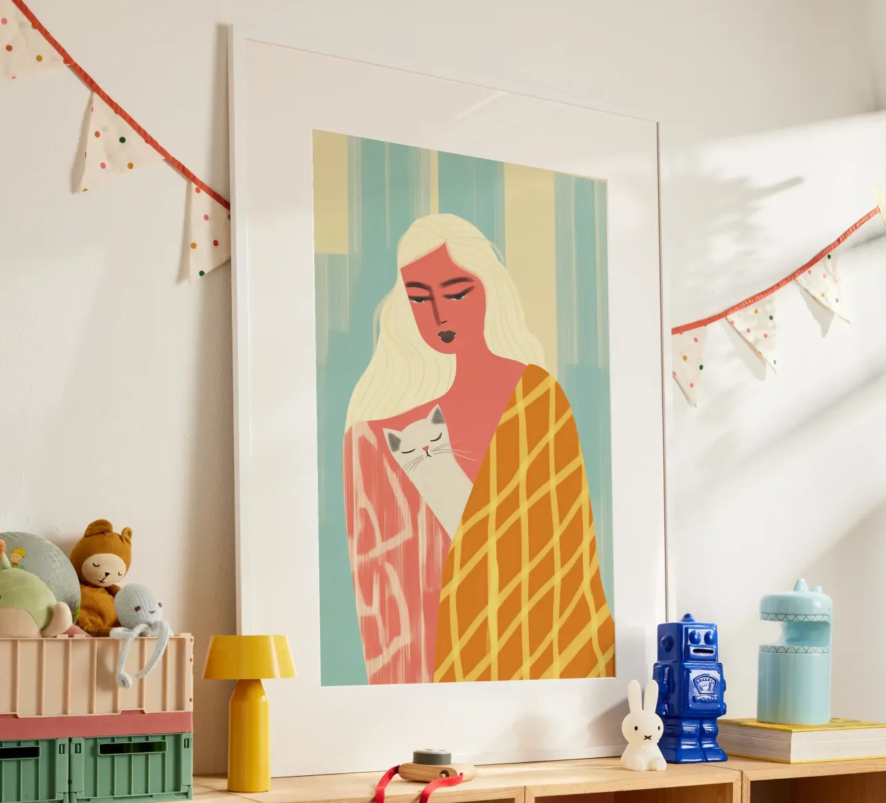 Woman with cat | pastel colours and patterns poster by Autofocus
