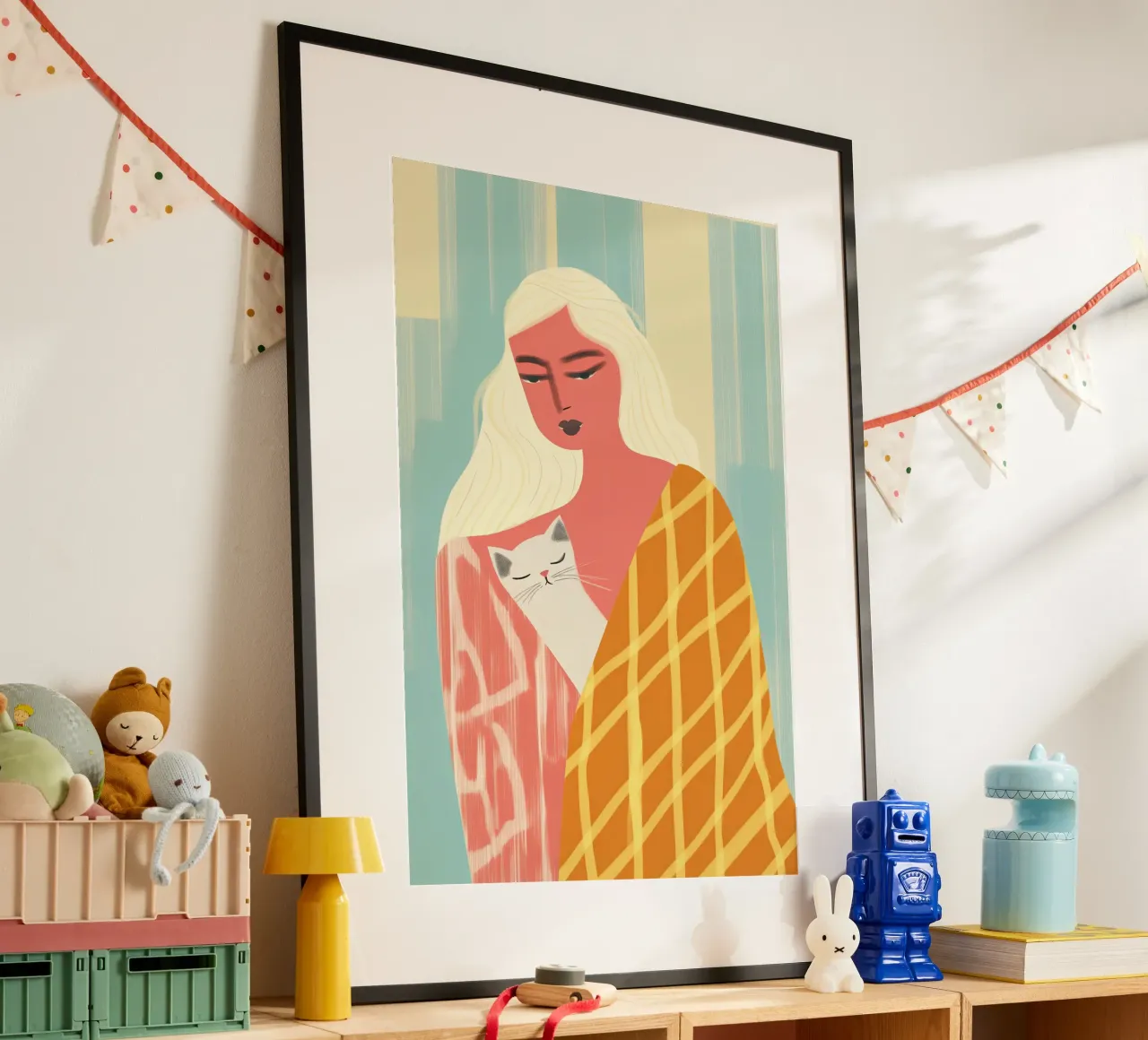 Woman with cat | pastel colours and patterns poster by Autofocus