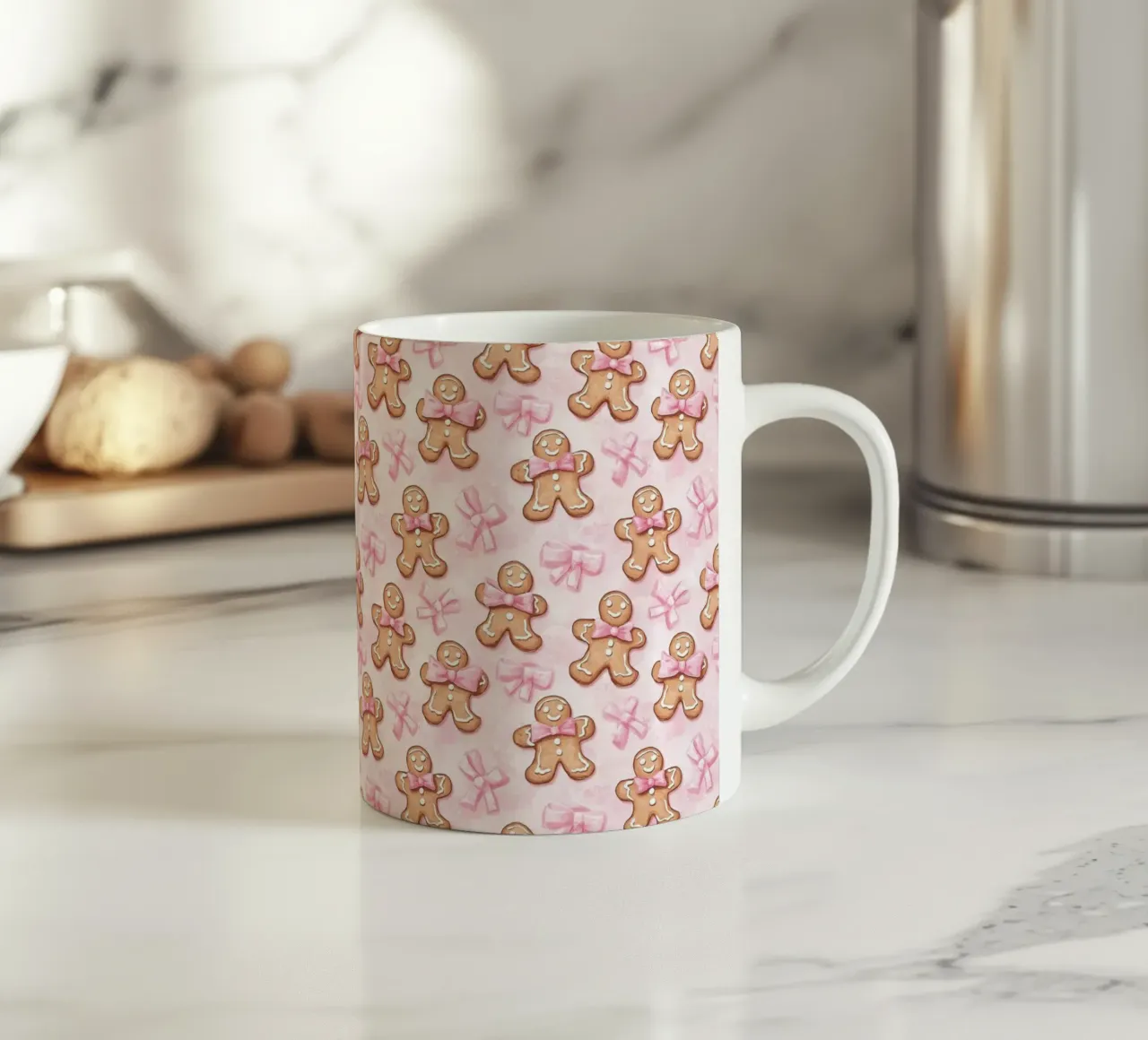 Simpatici omini di pan di zenzero fiocchi rosa Coquette natalizia Y2K tazza in ceramica da Gentle Echoes Art