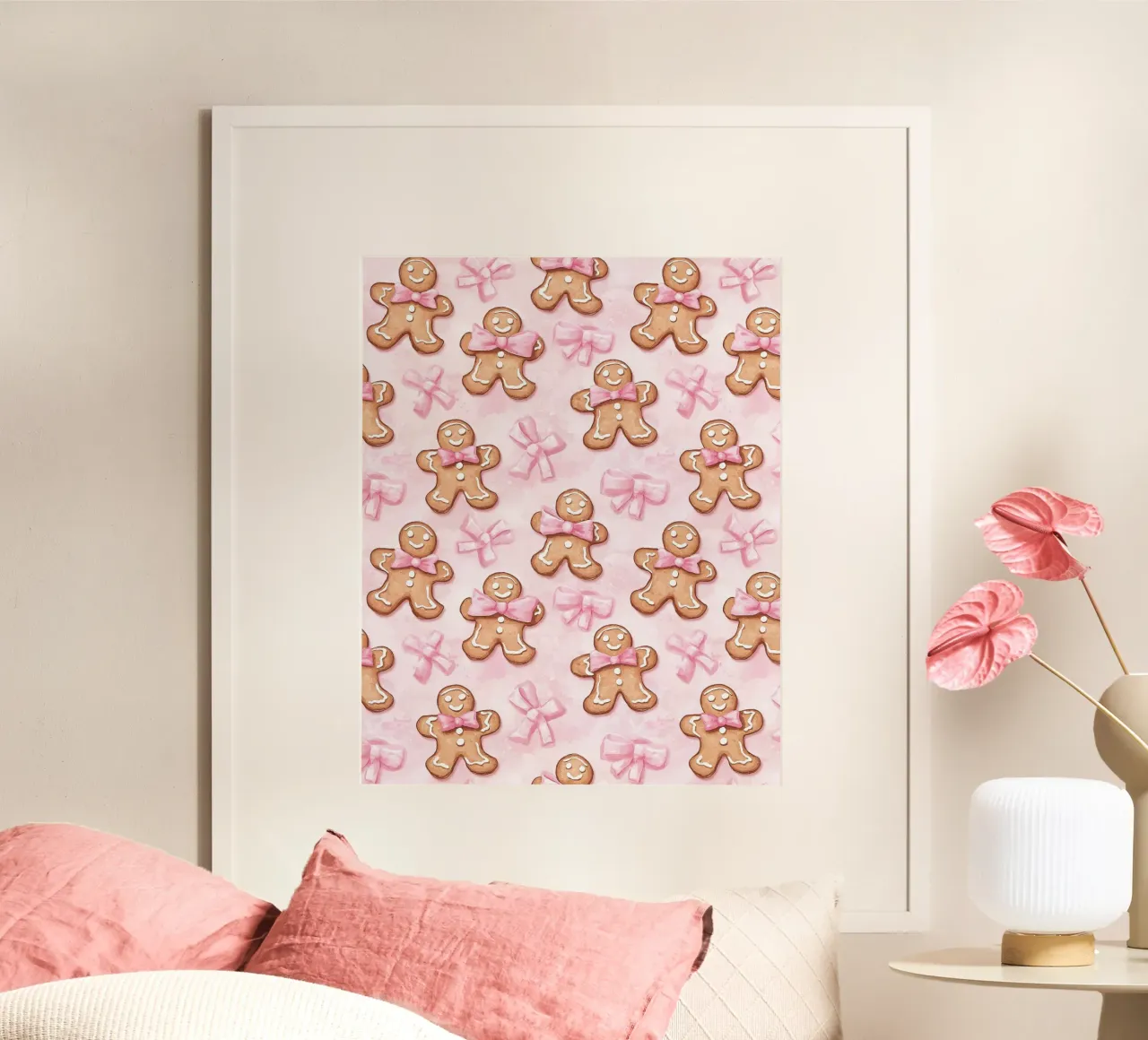 Simpatici omini di pan di zenzero fiocchi rosa Coquette natalizia Y2K poster con telaio in alluminio da Gentle Echoes Art