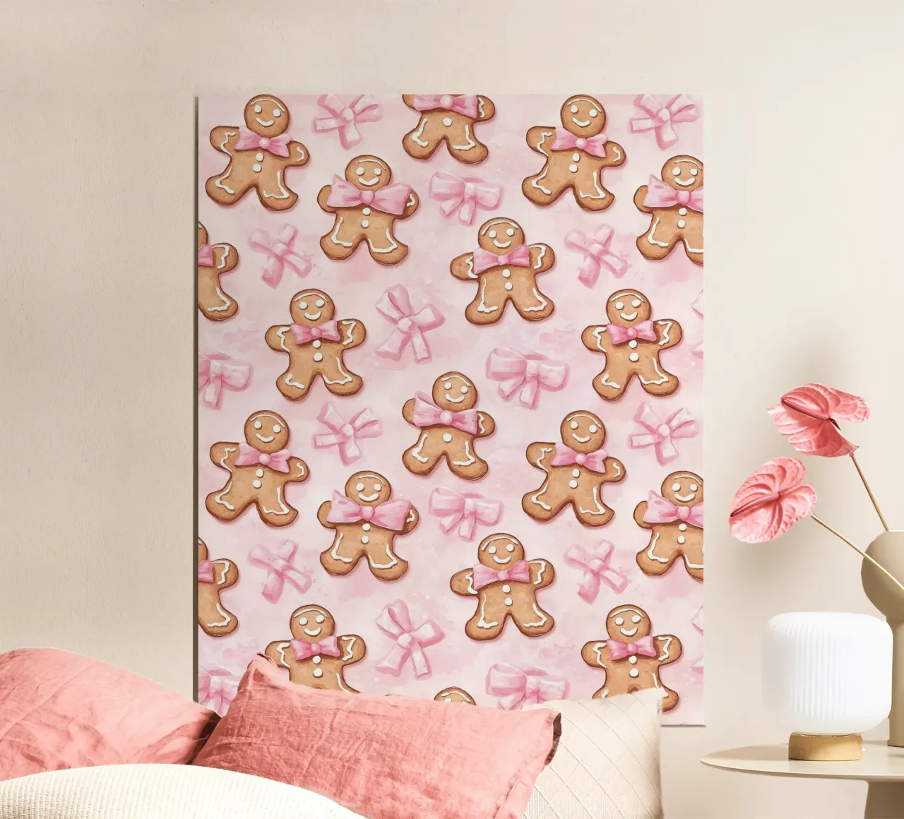 Simpatici omini di pan di zenzero fiocchi rosa Coquette natalizia Y2K poster con telaio in alluminio da Gentle Echoes Art