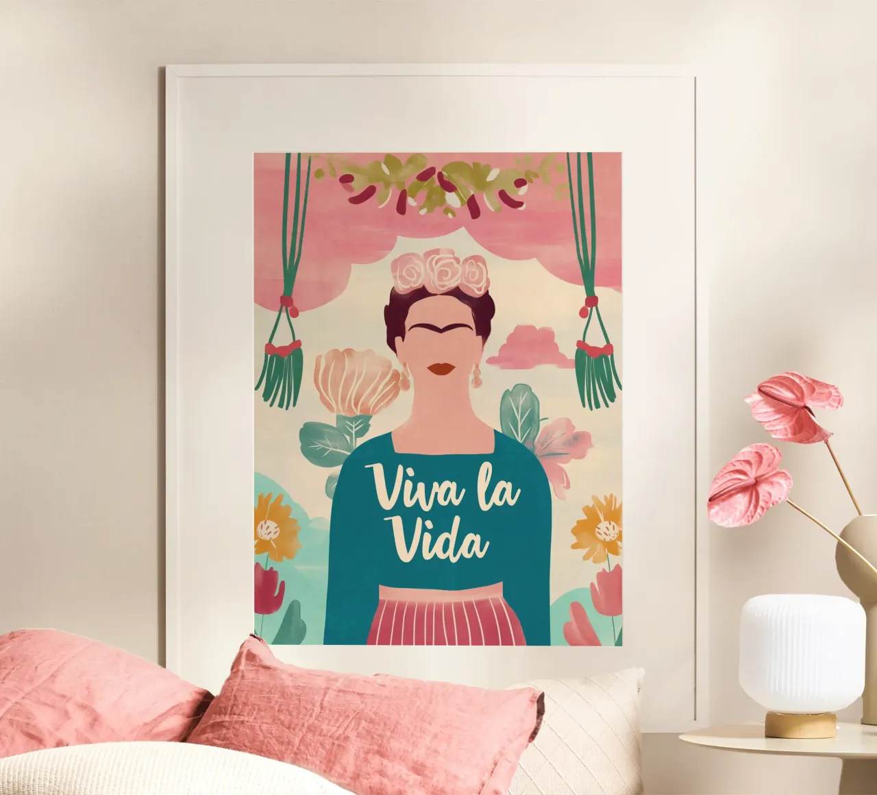 Viva Frida e i fiori poster con telaio in alluminio da Carinaprint