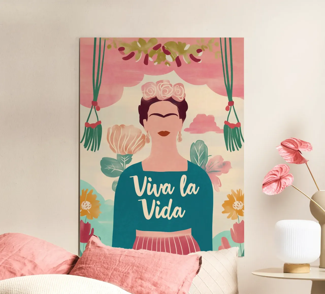 Viva Frida e i fiori poster con telaio in alluminio da Carinaprint