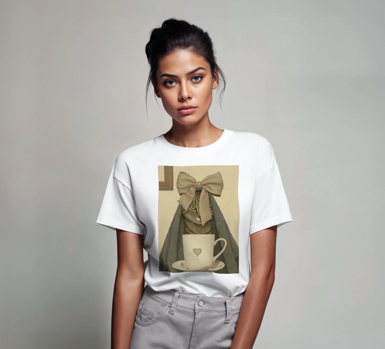 Miao mattutino con una tazza d'amore t-shirt da Rustic Grace Studio 02