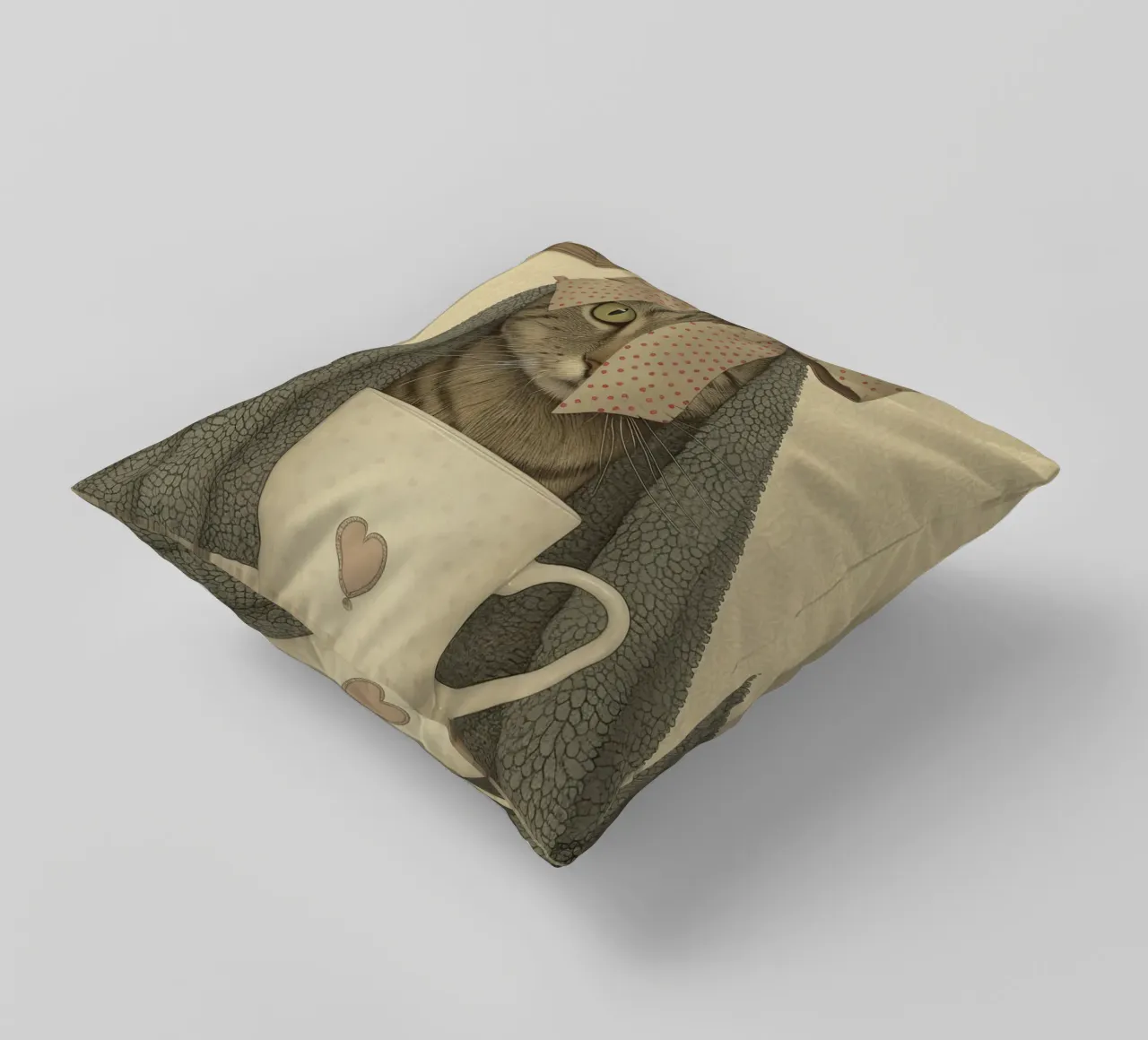 Miao mattutino con una tazza d'amore cuscino da Rustic Grace Studio 02