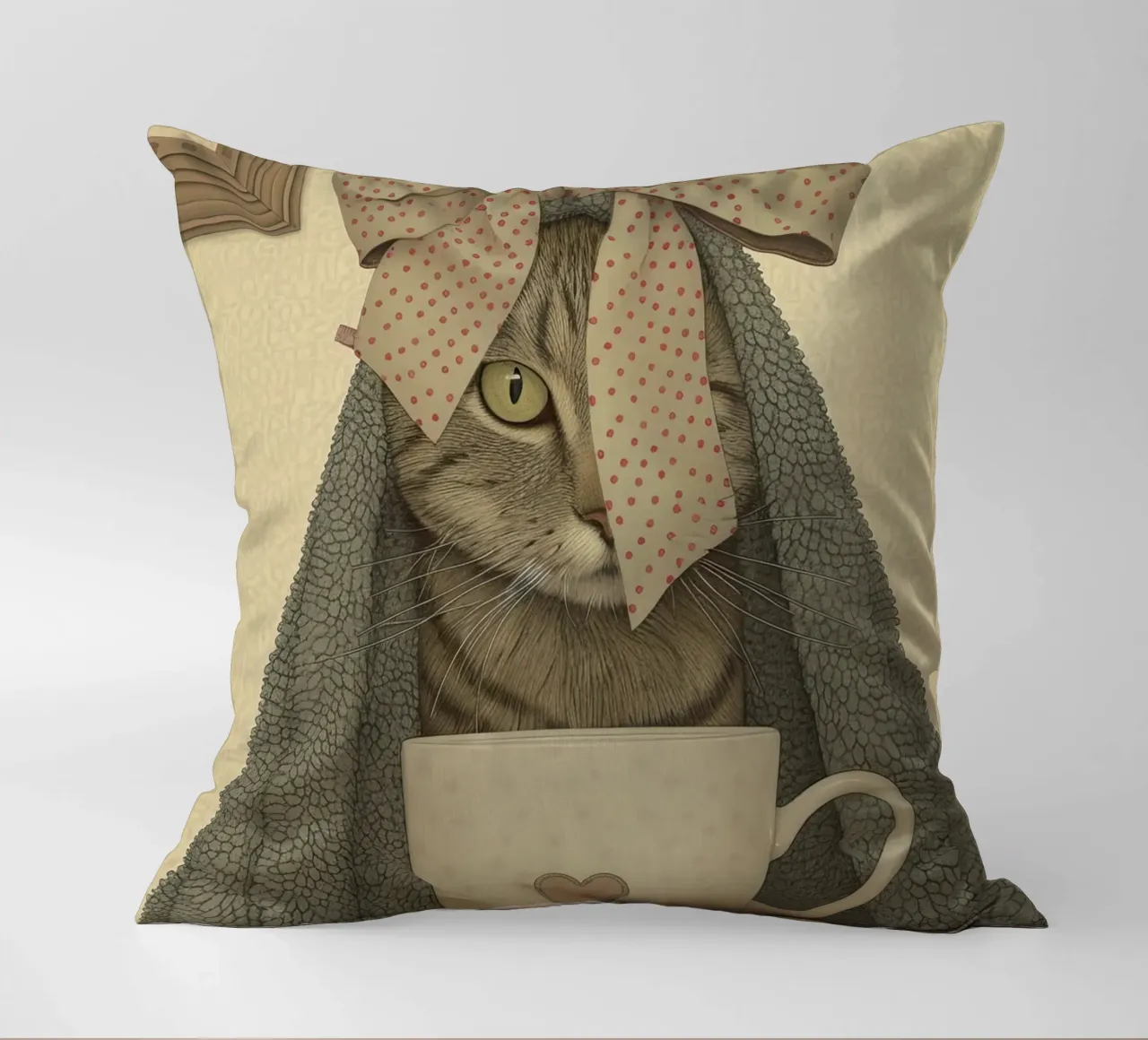 Miao mattutino con una tazza d'amore cuscino da Rustic Grace Studio 02