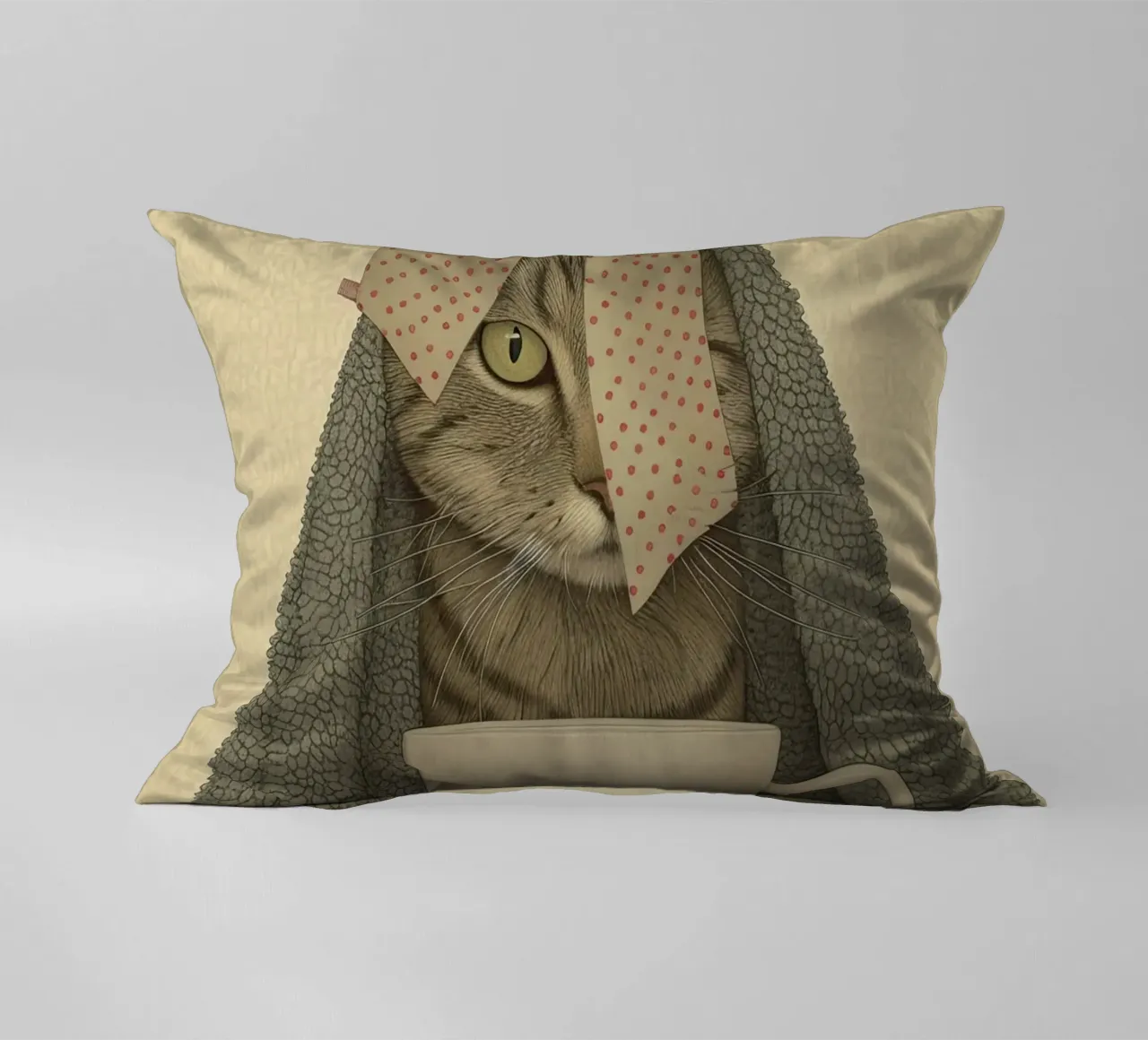 Miao mattutino con una tazza d'amore cuscino da Rustic Grace Studio 02