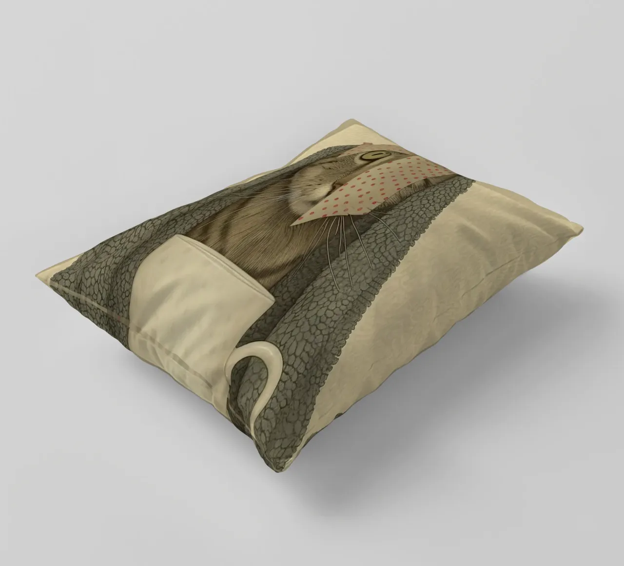 Miao mattutino con una tazza d'amore cuscino da Rustic Grace Studio 02