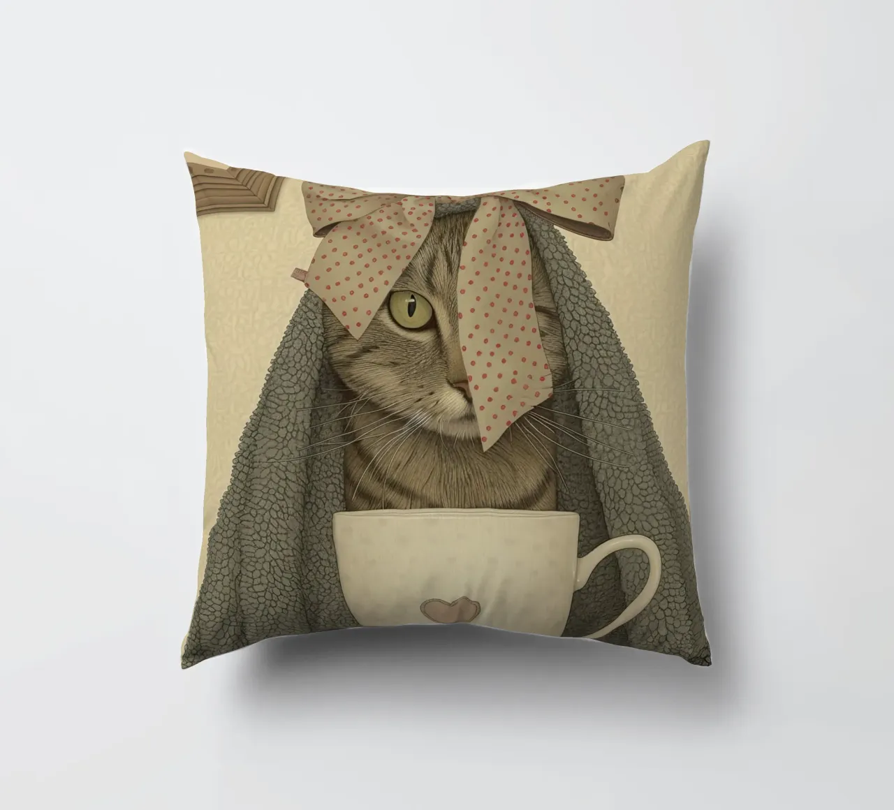 Miao mattutino con una tazza d'amore cuscino da Rustic Grace Studio 02