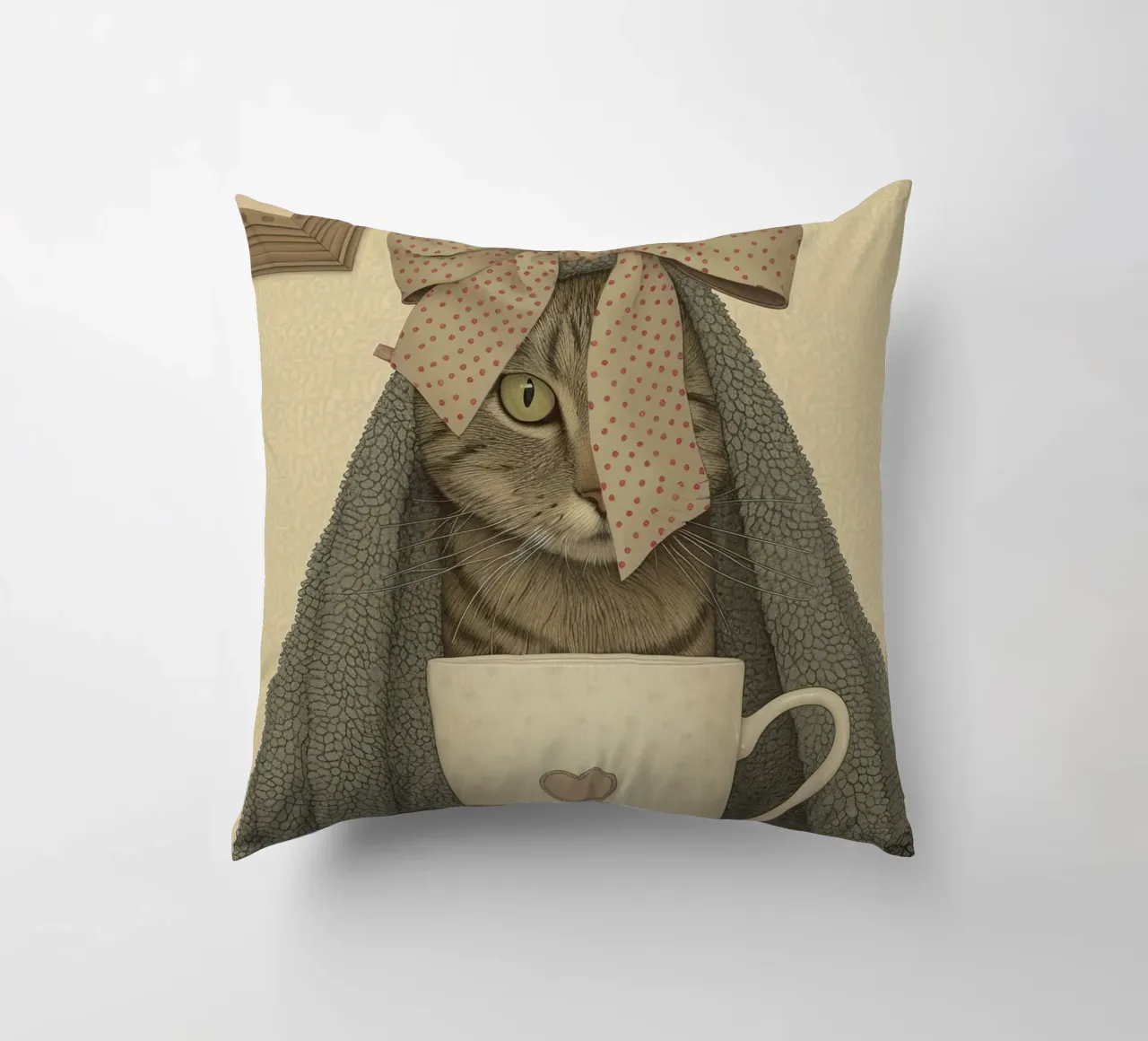 Miao mattutino con una tazza d'amore cuscino da Rustic Grace Studio 02