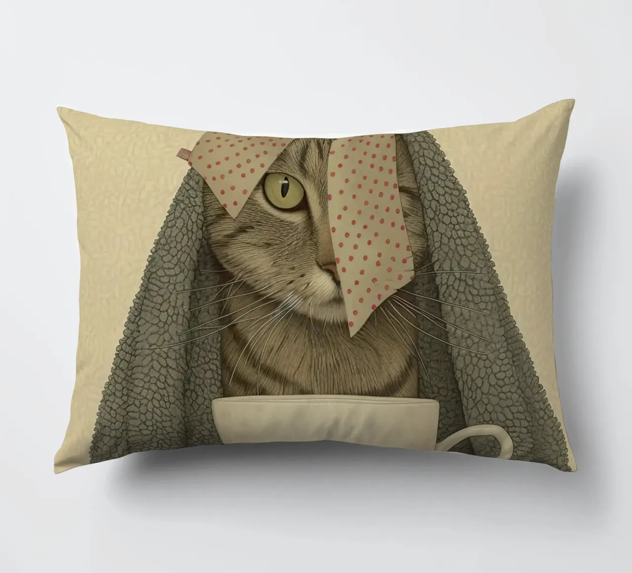 Miao mattutino con una tazza d'amore cuscino da Rustic Grace Studio 02