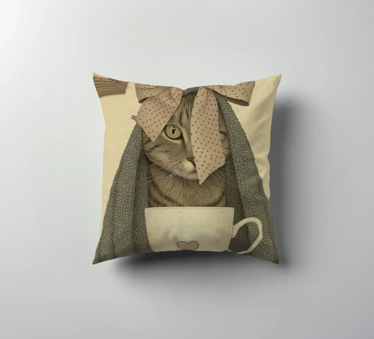 Miao mattutino con una tazza d'amore cuscino da Rustic Grace Studio 02