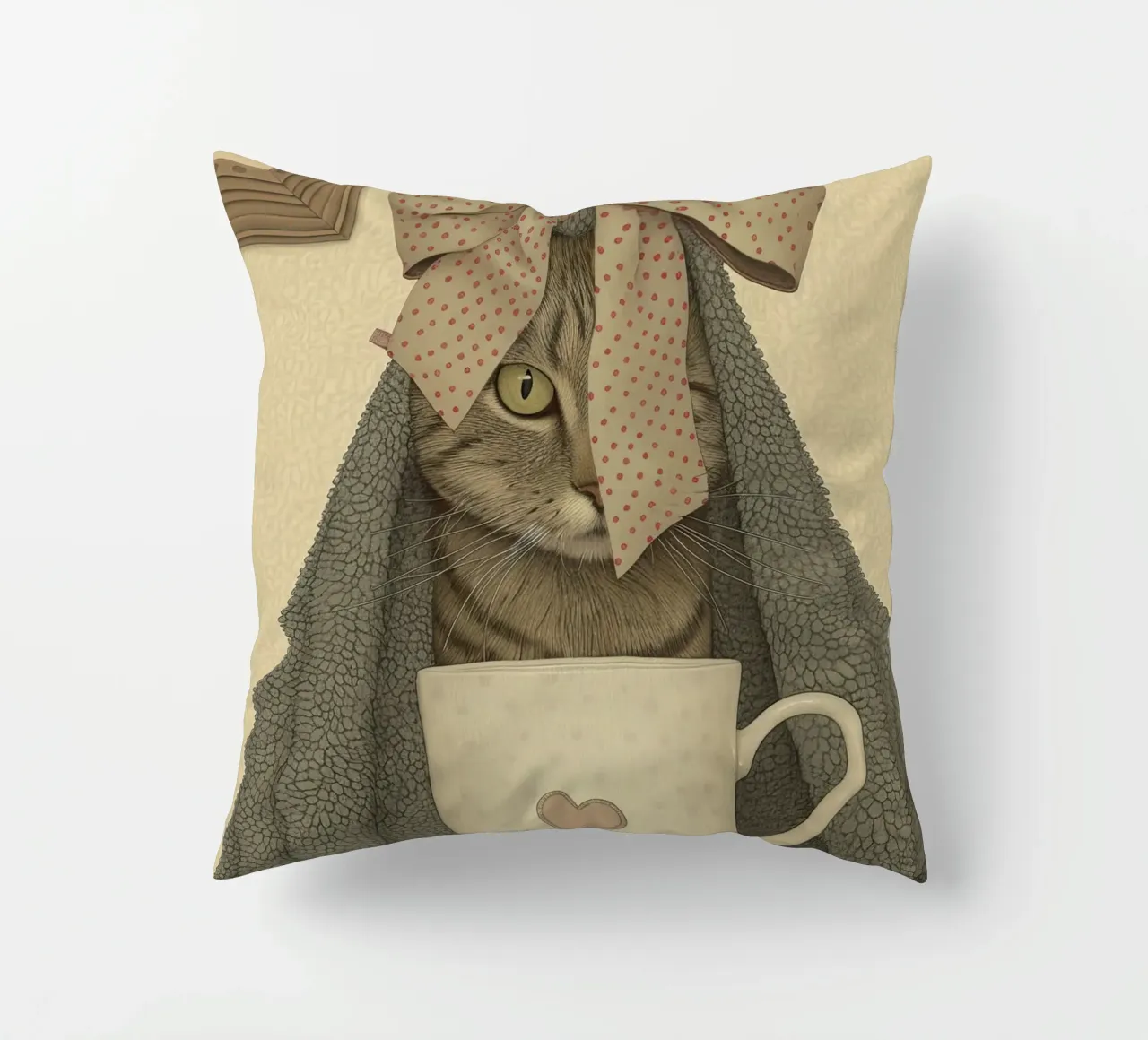 Miao mattutino con una tazza d'amore cuscino da Rustic Grace Studio 02