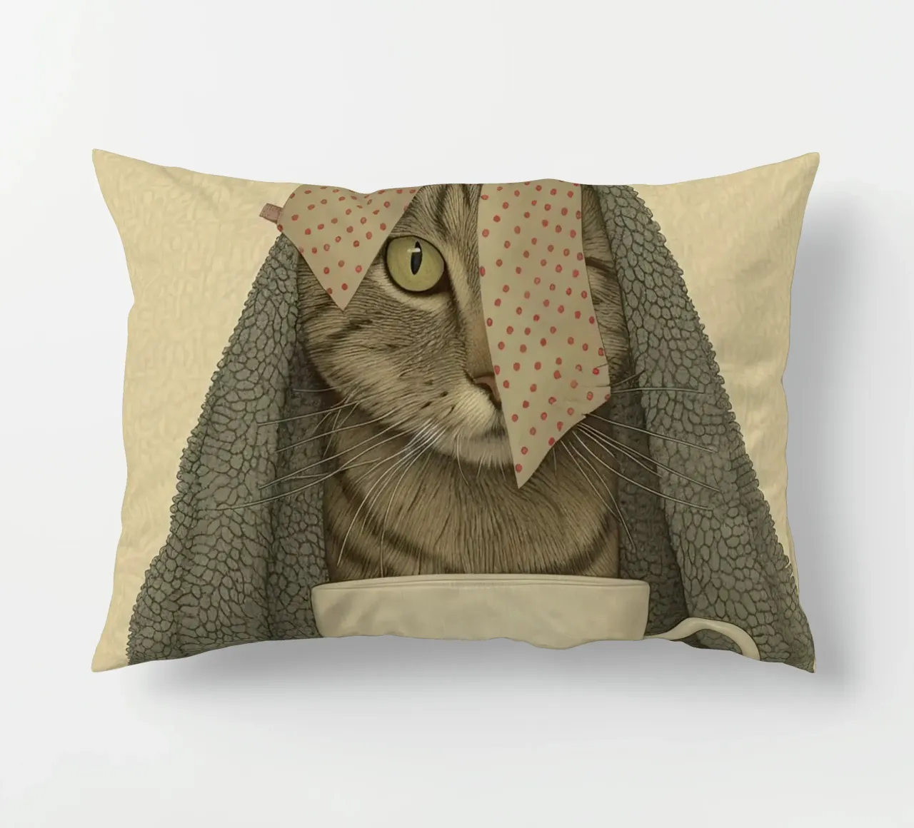 Miao mattutino con una tazza d'amore cuscino da Rustic Grace Studio 02