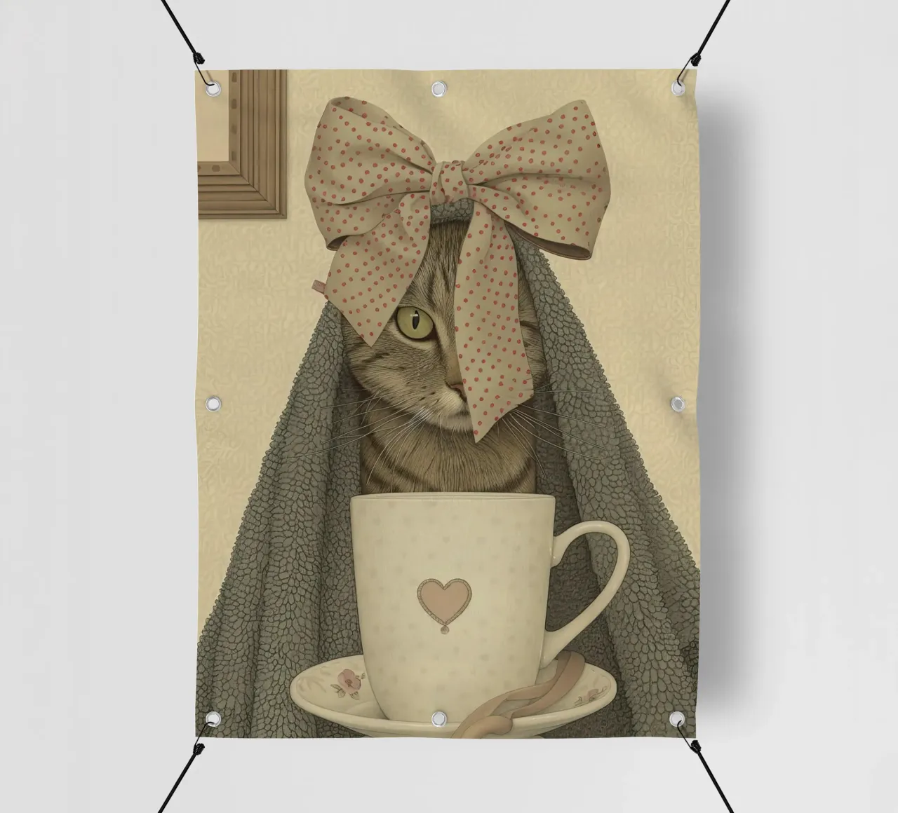 Miao mattutino con una tazza d'amore telo in pvc da Rustic Grace Studio 02