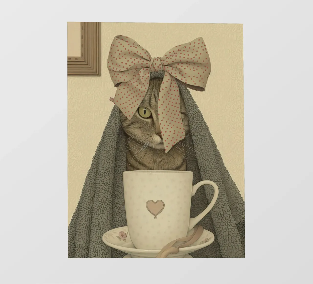 Miao mattutino con una tazza d'amore telo in pvc da Rustic Grace Studio 02