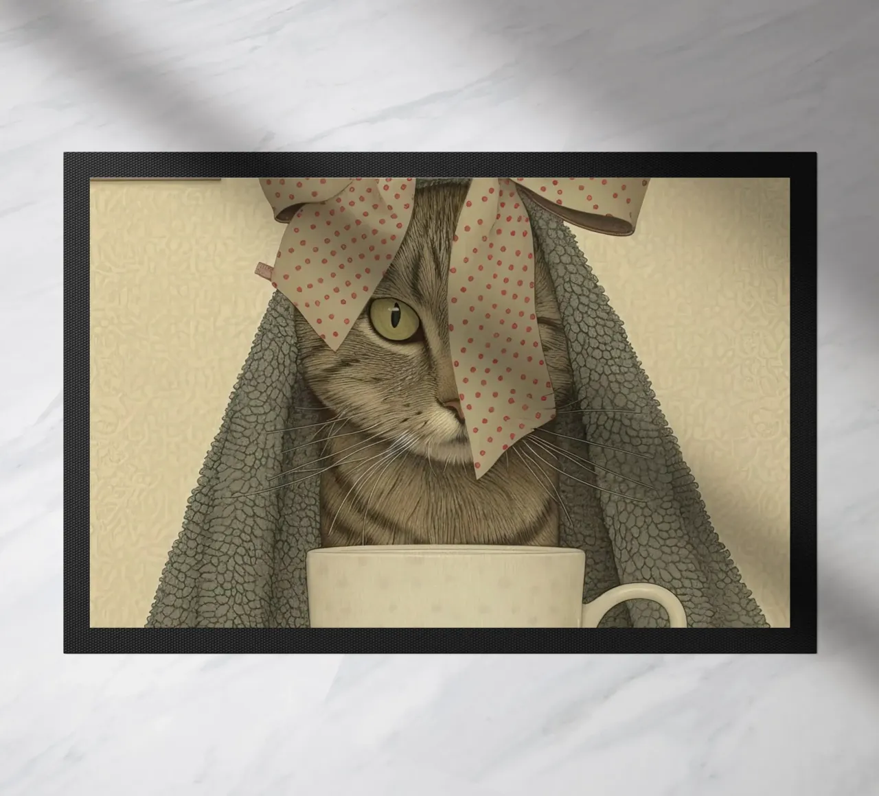 Miao mattutino con una tazza d'amore zerbino da Rustic Grace Studio 02