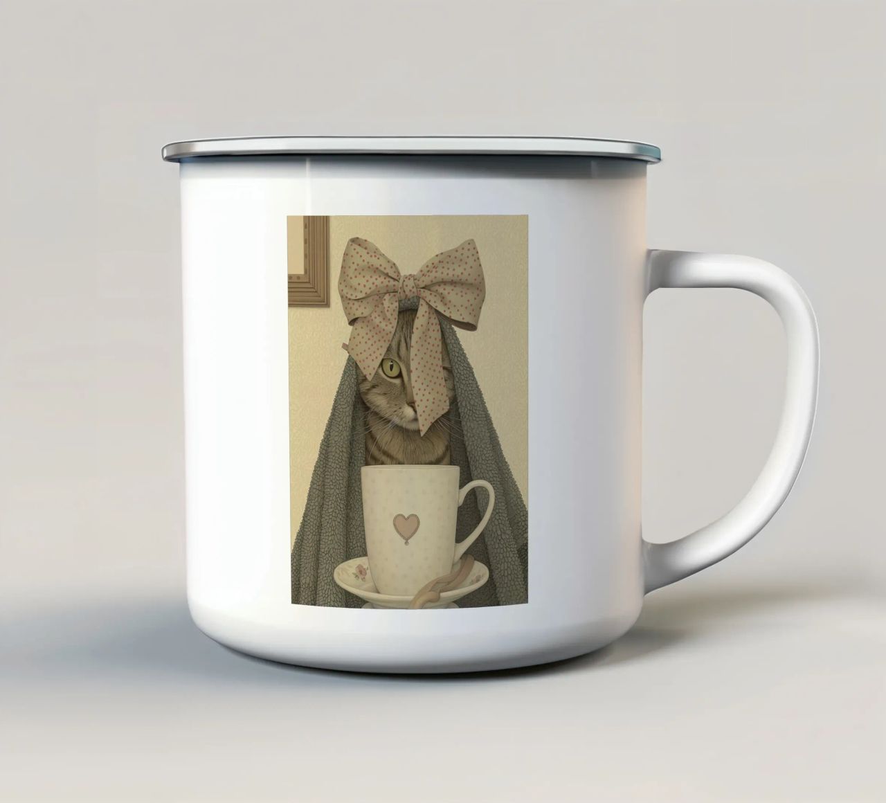 Miao mattutino con una tazza d'amore tazza in smalto da Rustic Grace Studio 02