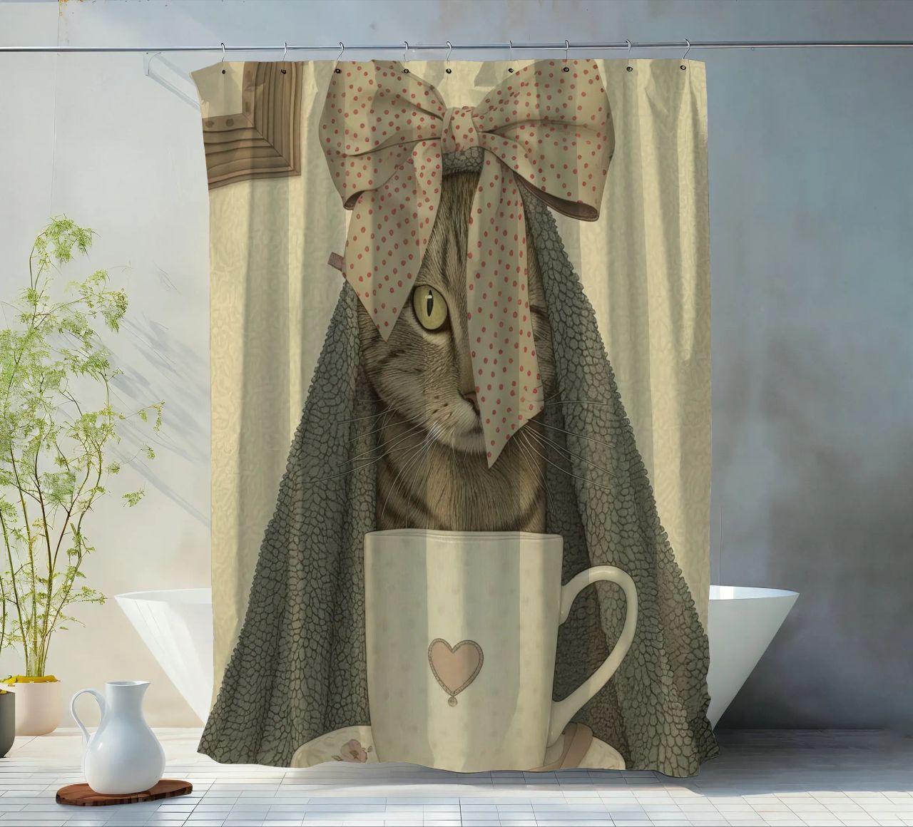 Miao mattutino con una tazza d'amore tenda da doccia da Rustic Grace Studio 02