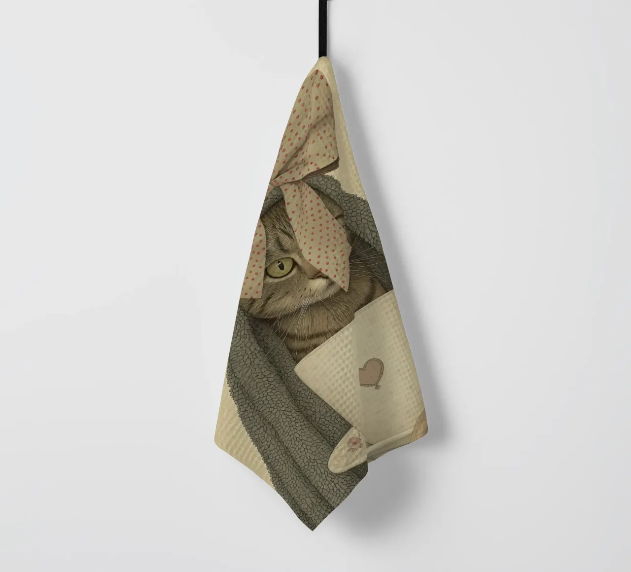 Miao mattutino con una tazza d'amore canovaccio da cucina da Rustic Grace Studio 02