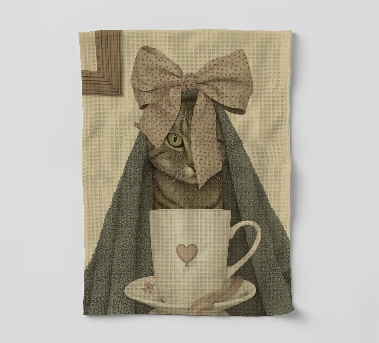 Miao mattutino con una tazza d'amore canovaccio da cucina da Rustic Grace Studio 02