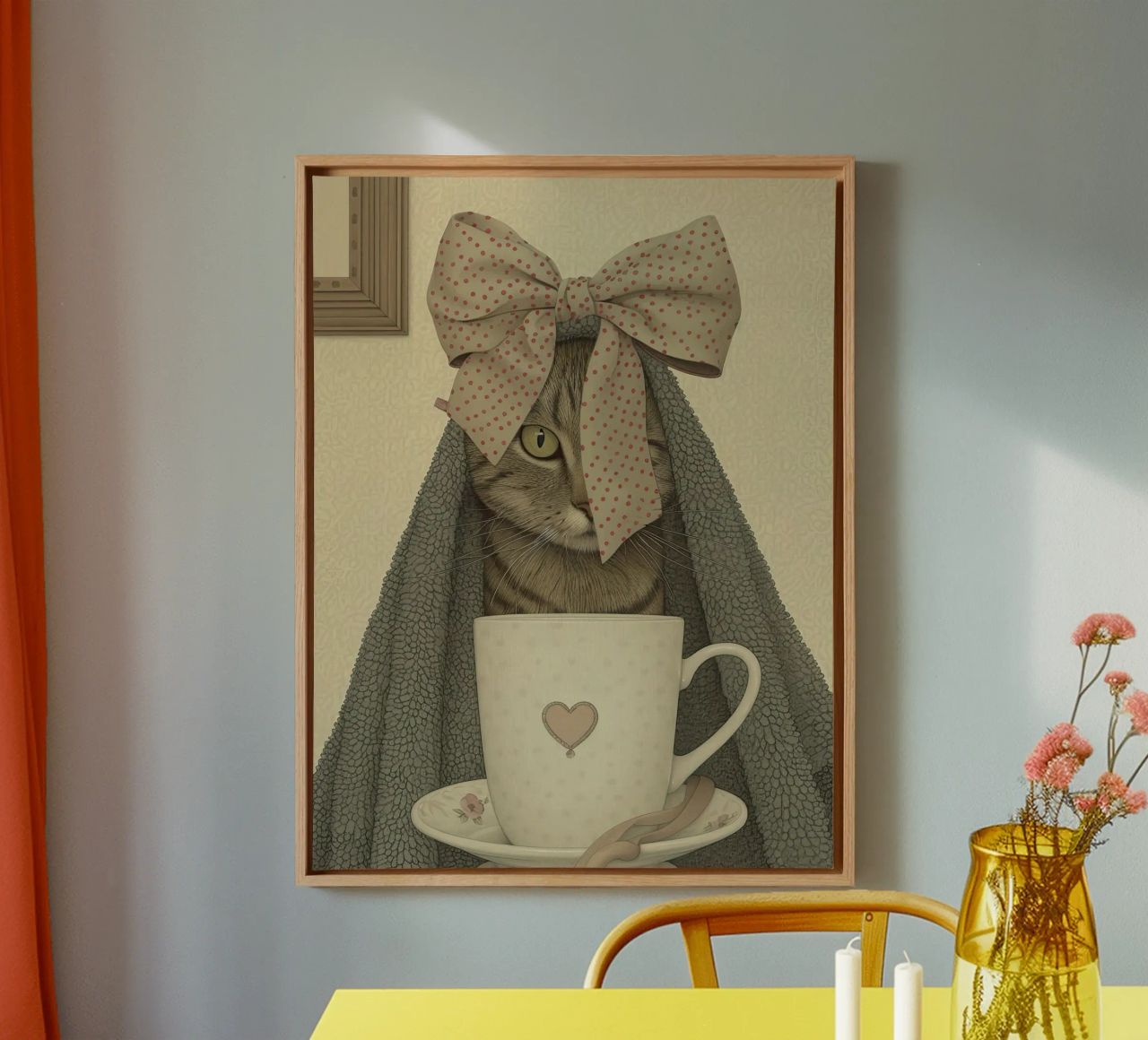 Miao mattutino con una tazza d'amore tela da Rustic Grace Studio 02