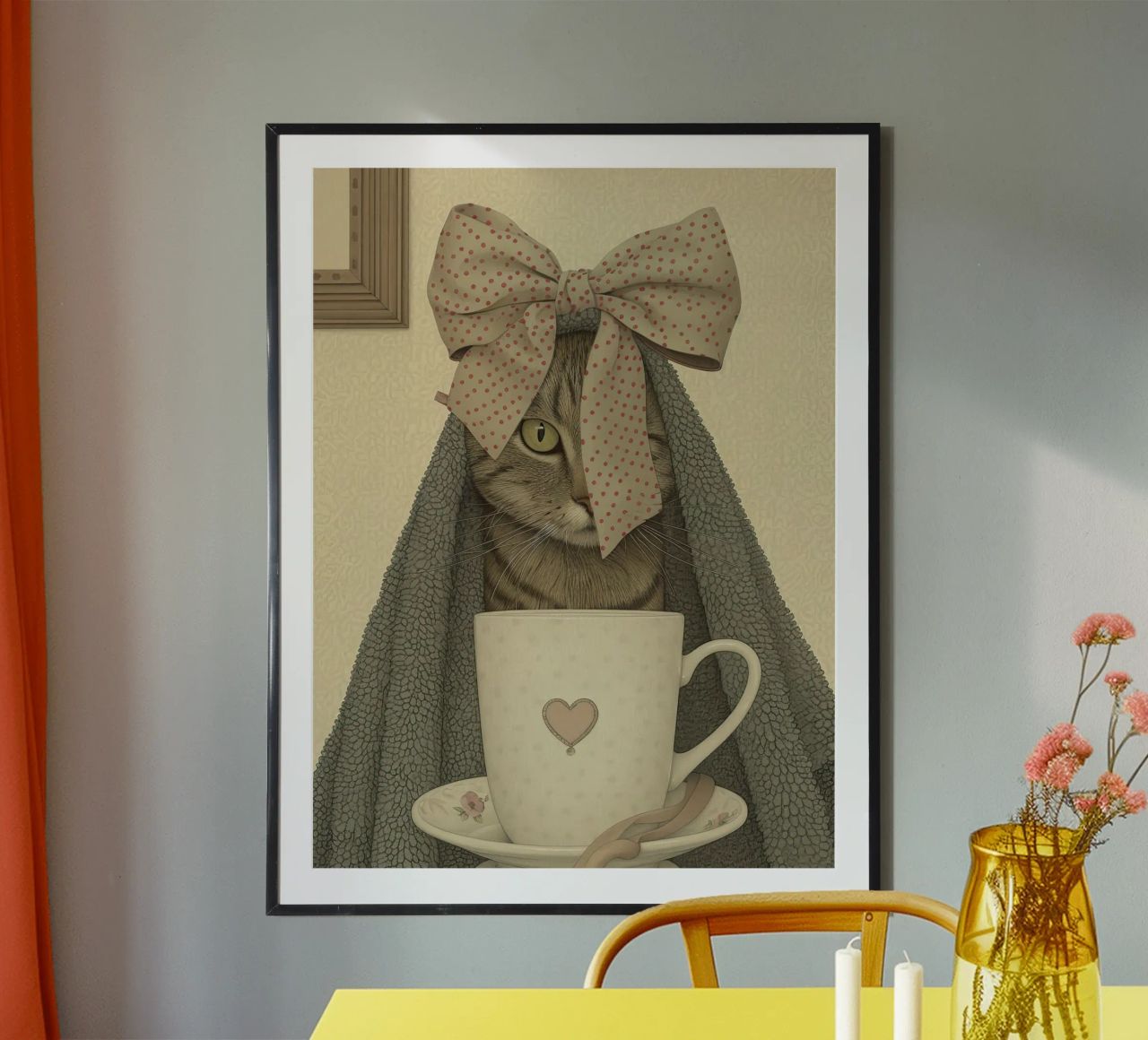 Miao mattutino con una tazza d'amore poster da Rustic Grace Studio 02