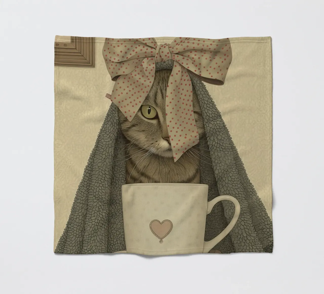 Miao mattutino con una tazza d'amore coperta in pile da Rustic Grace Studio 02