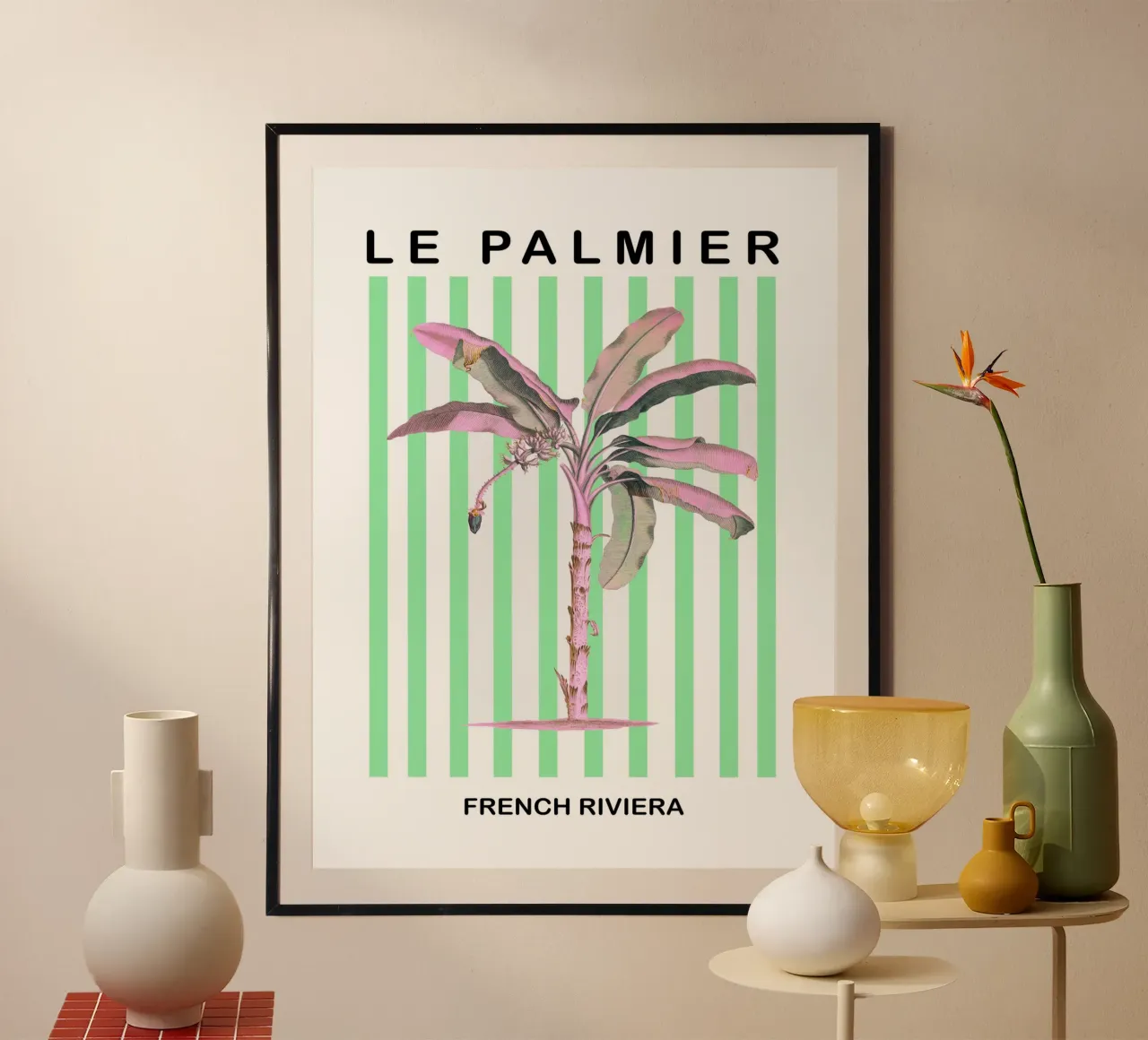 French Riviera Palm Tree Stripes poster con telaio in plastica da GraceDigitalArtCo