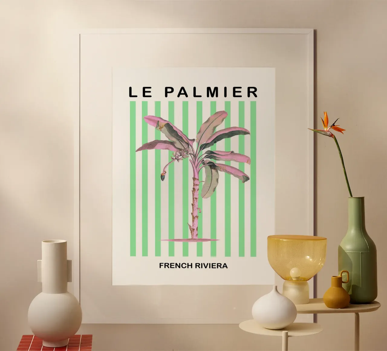 French Riviera Palm Tree Stripes poster con telaio in plastica da GraceDigitalArtCo