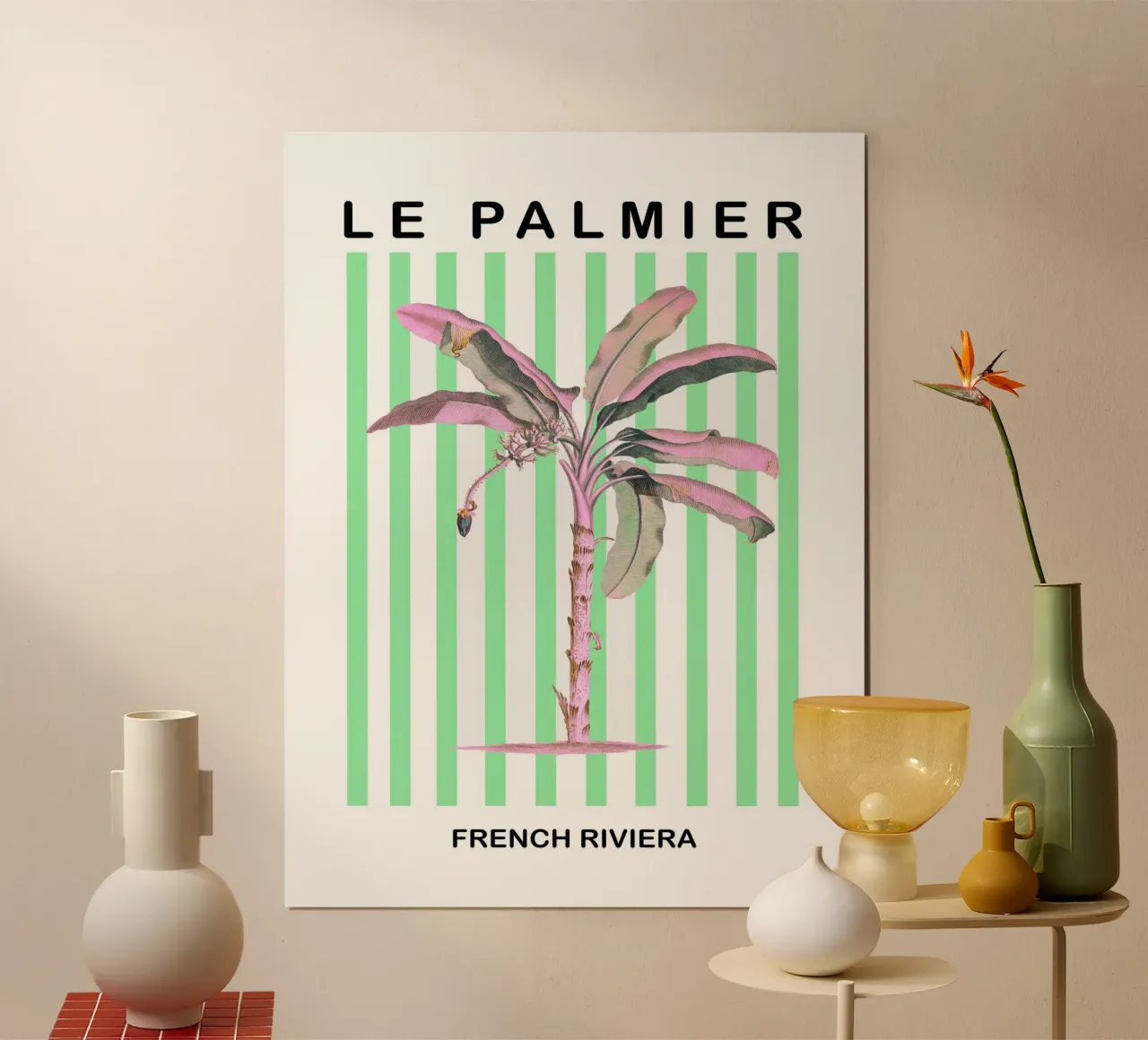 French Riviera Palm Tree Stripes poster con telaio in plastica da GraceDigitalArtCo